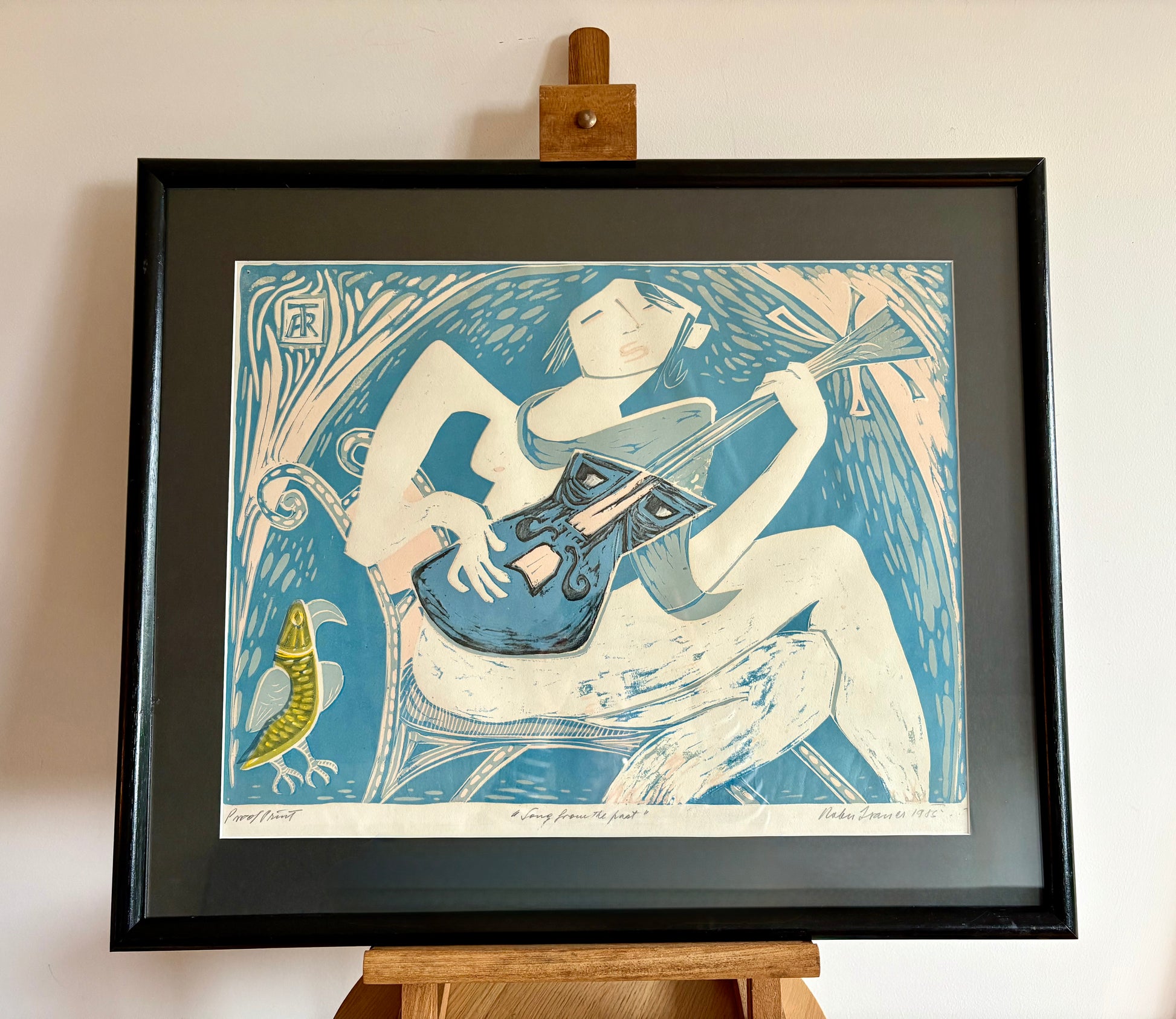 Original Robert Trauer Lithograph, Artist’s Proof, guitar, bird, framed vintage art