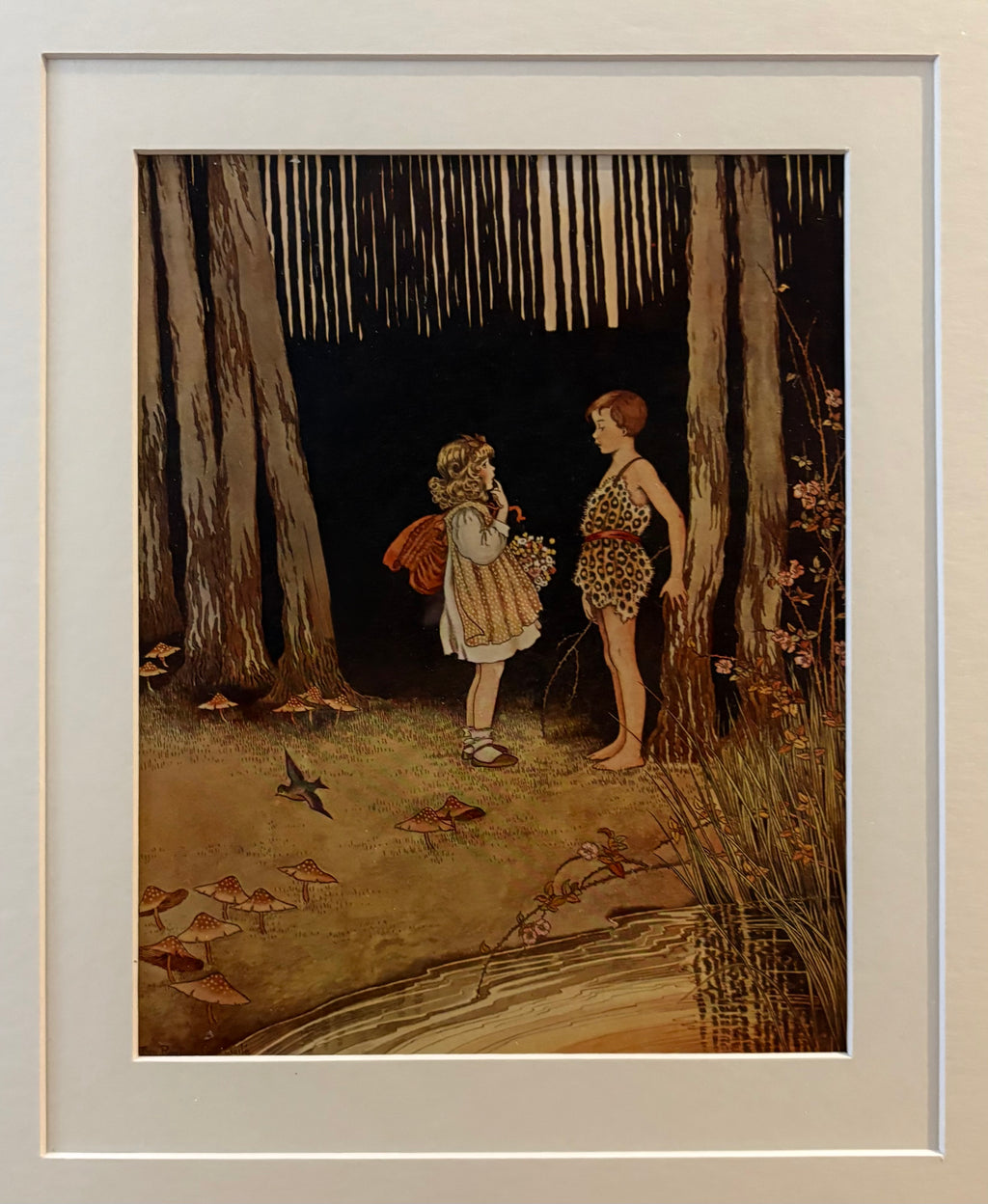 1919 Genuine antique print, Ida Rentoul Outhwaite, boy, forest, Art Deco framed art