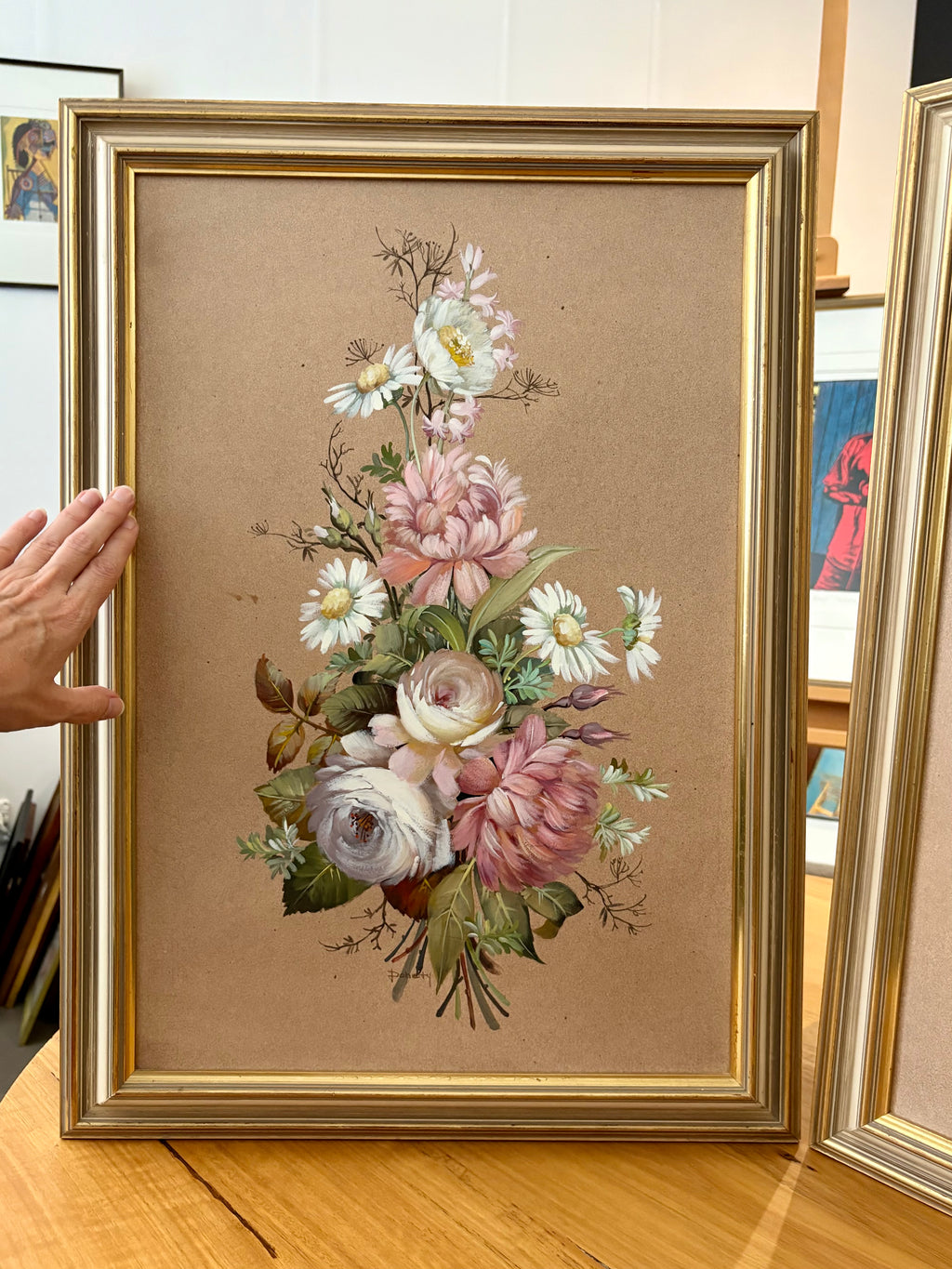 Pair of 1960s original watercolour paintings on board, “Floral Bouquet”, signed