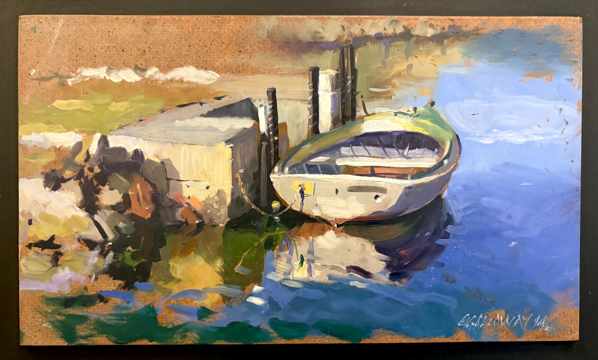 Original Graham Galloway oil painting on board, boat, vintage framed artwork