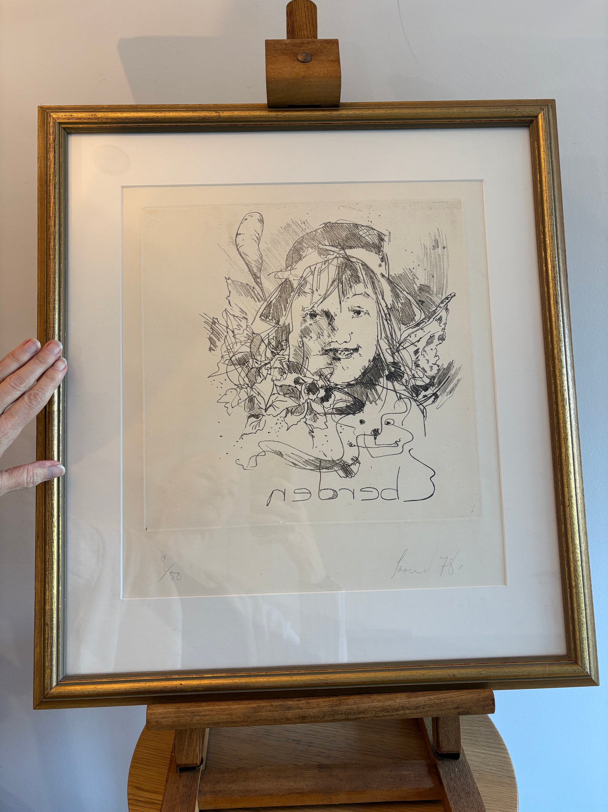 Original Geoffrey Proud intaglio etching, signed, portrait, framed vintage art 1978