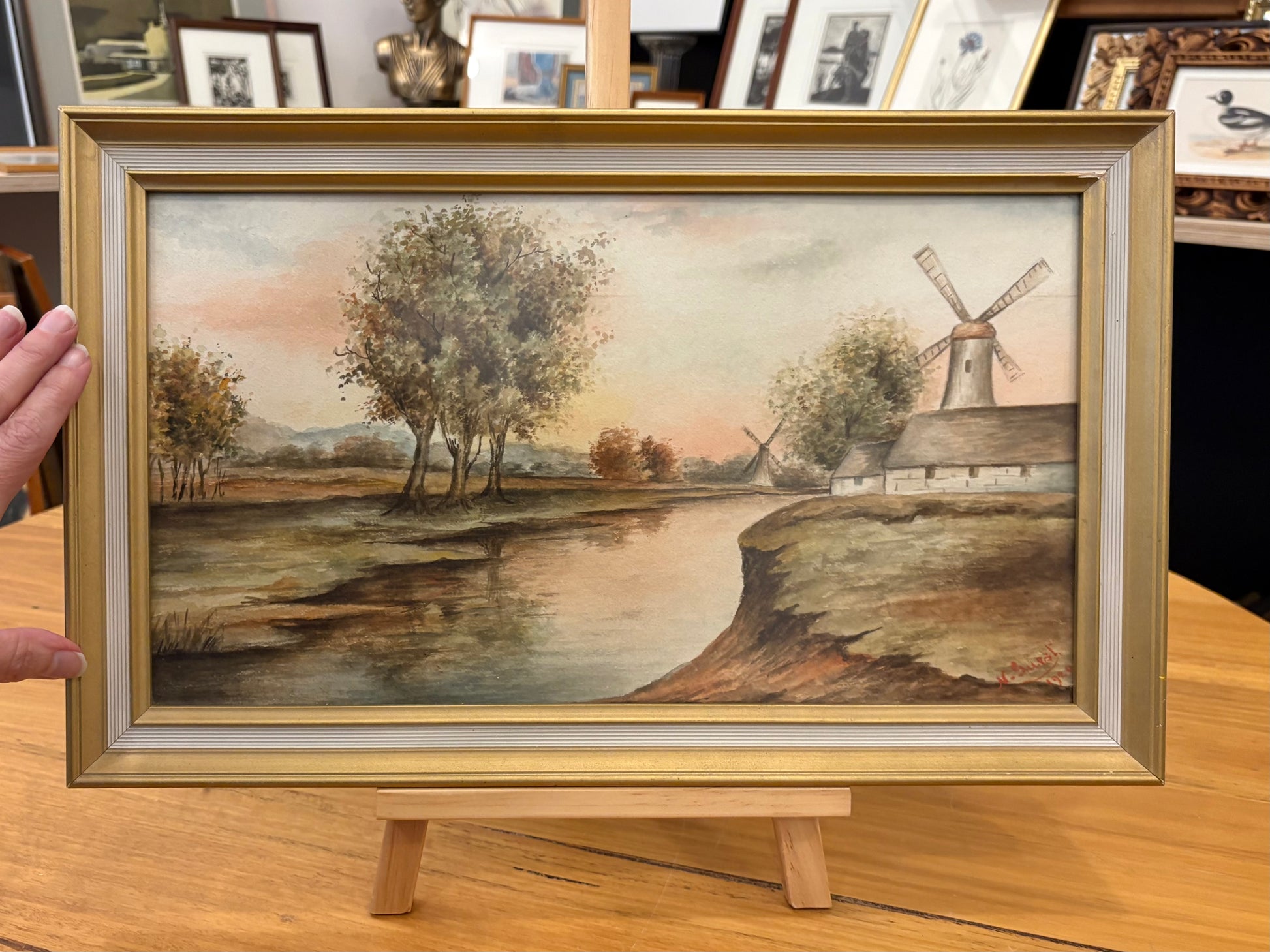 1920 Antique signed watercolour painting, N. Guest, Windmills, framed art