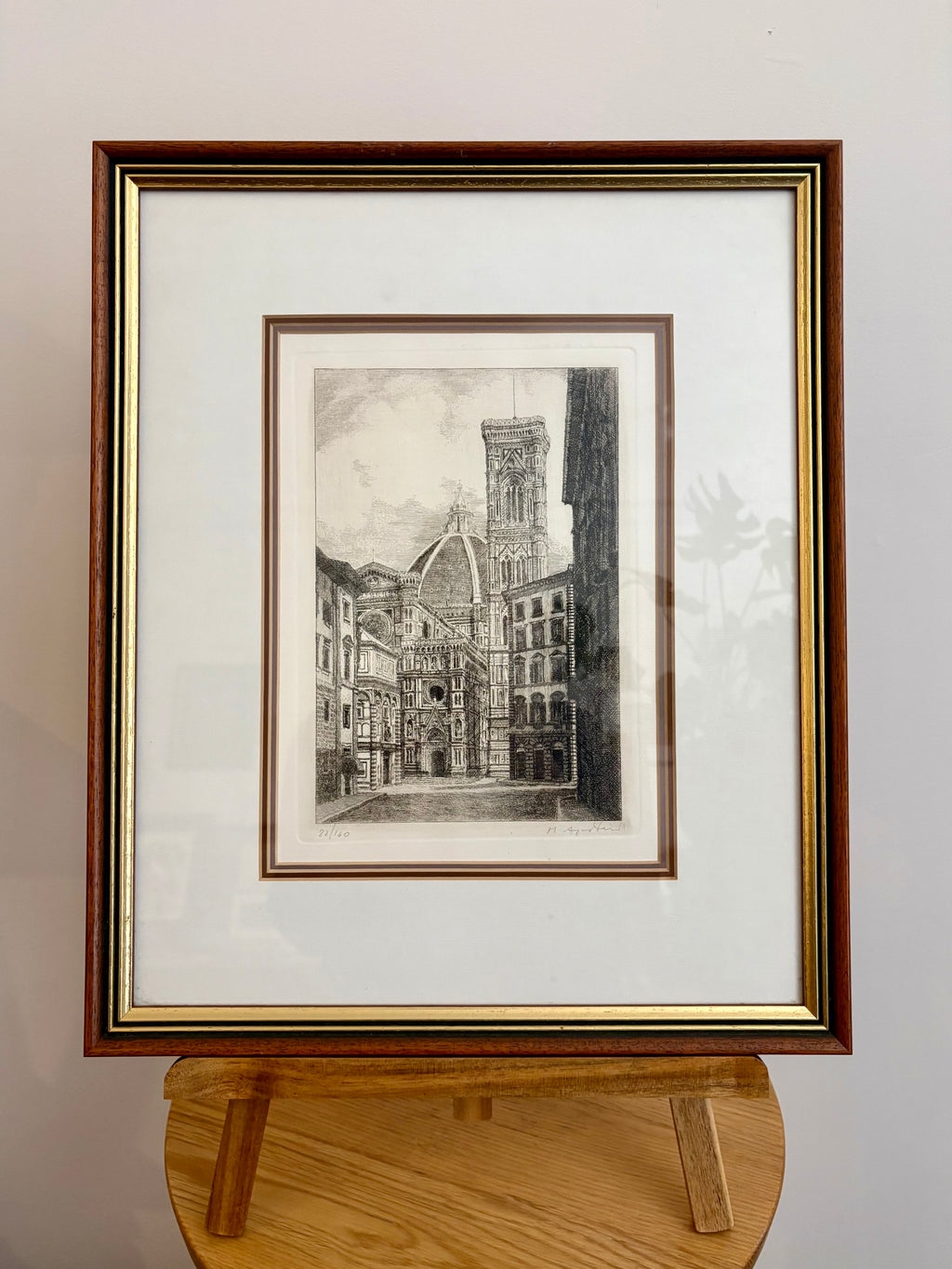Signed original etching, Florence, framed vintage art