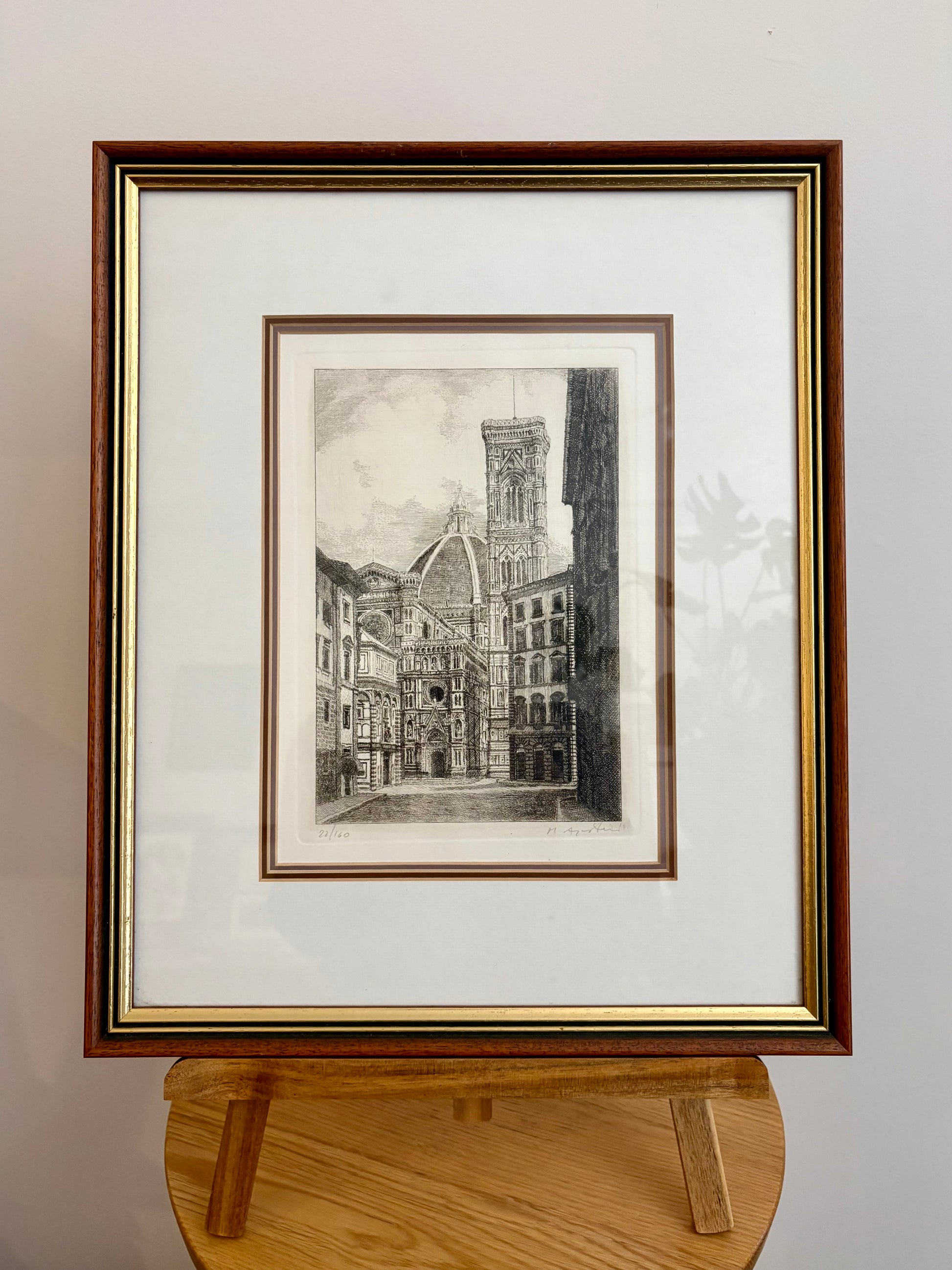 Signed original etching, Florence, framed vintage art
