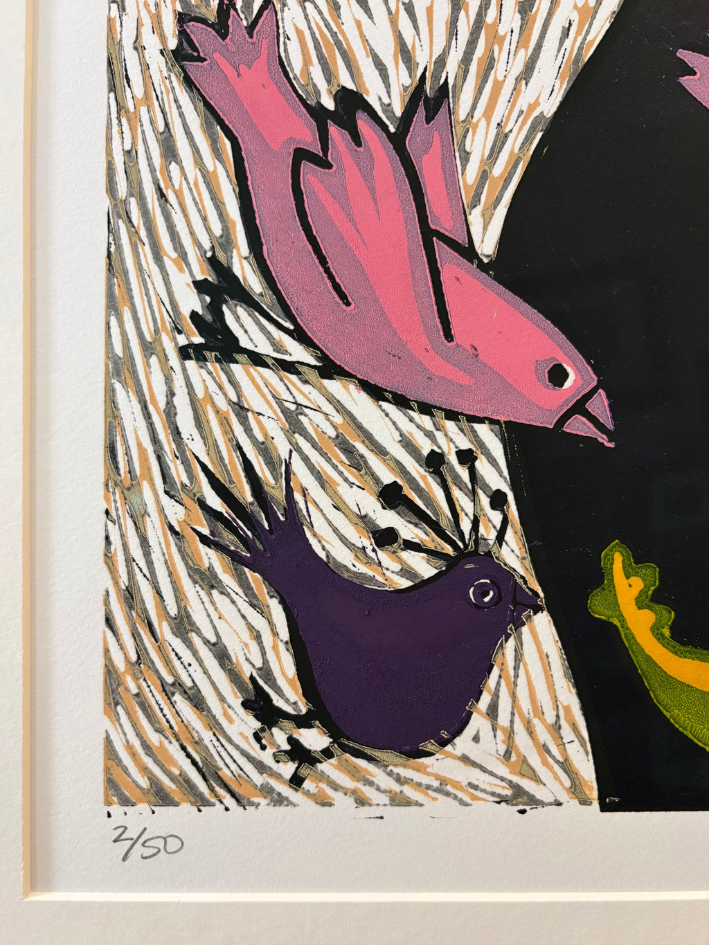 Large original linocut print, Anita Klein, The Birds and the Grandchild, framed art