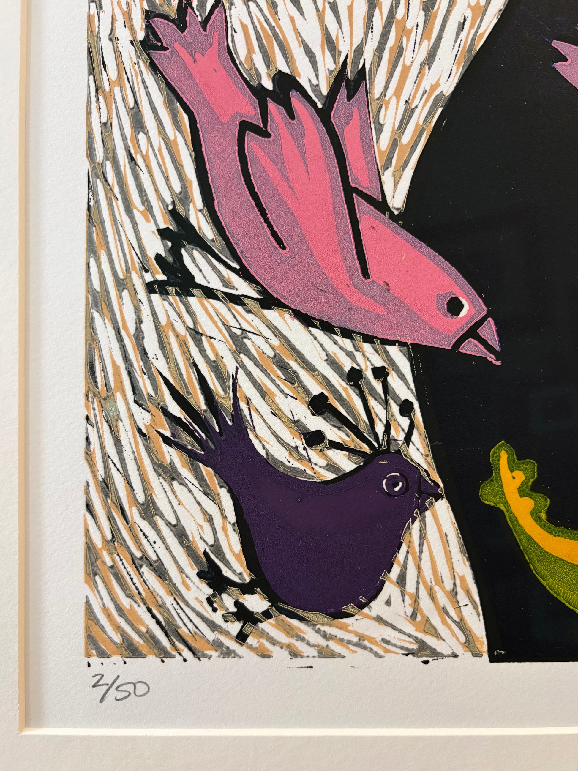 Large original linocut print, Anita Klein, The Birds and the Grandchild, framed art