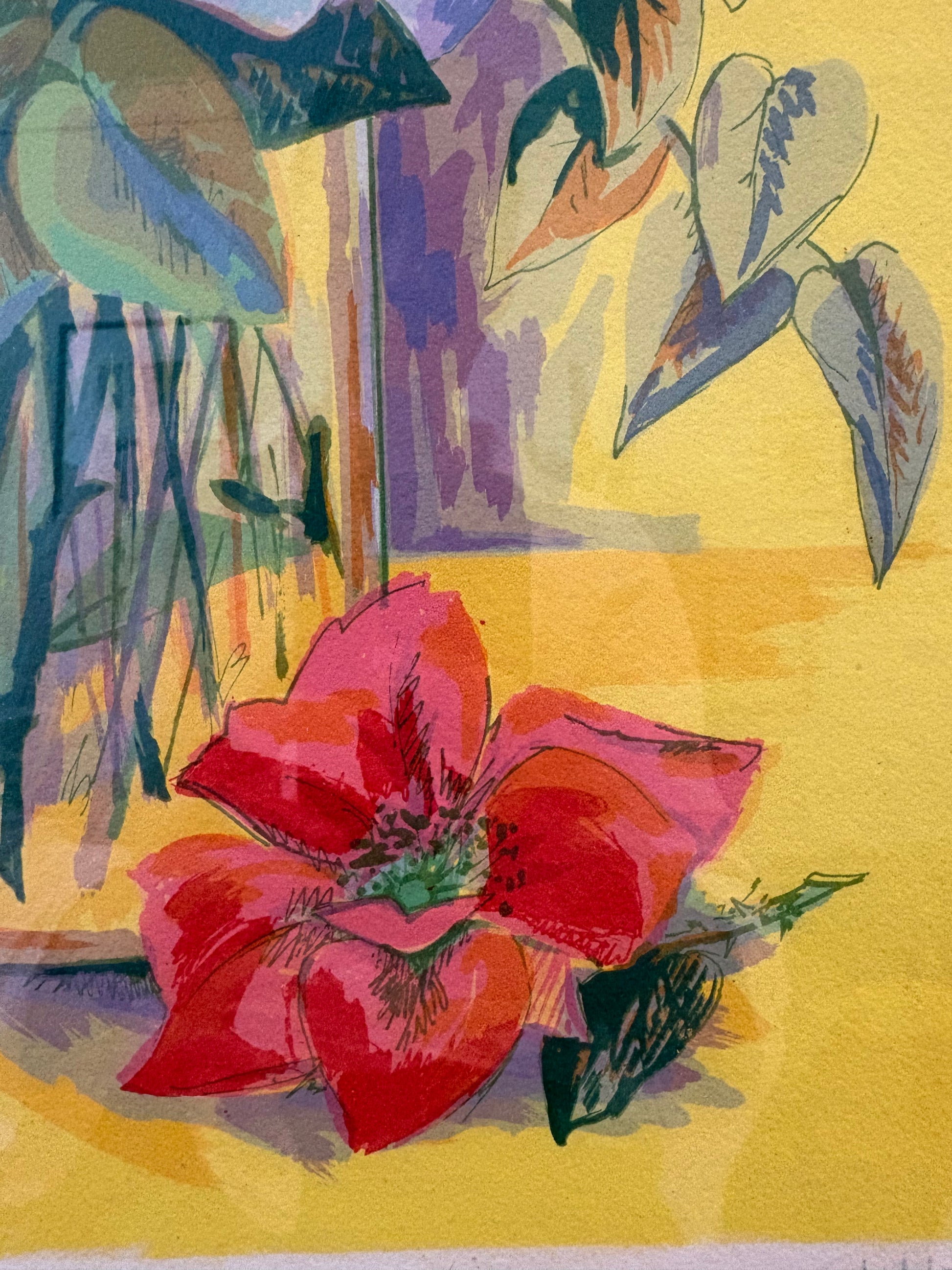 Large limited edition lithographic print, signed, floral bouquet, vintage