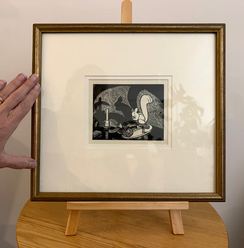 1933 Ethel Spowers print, Squirrel, after the linocut, framed vintage art