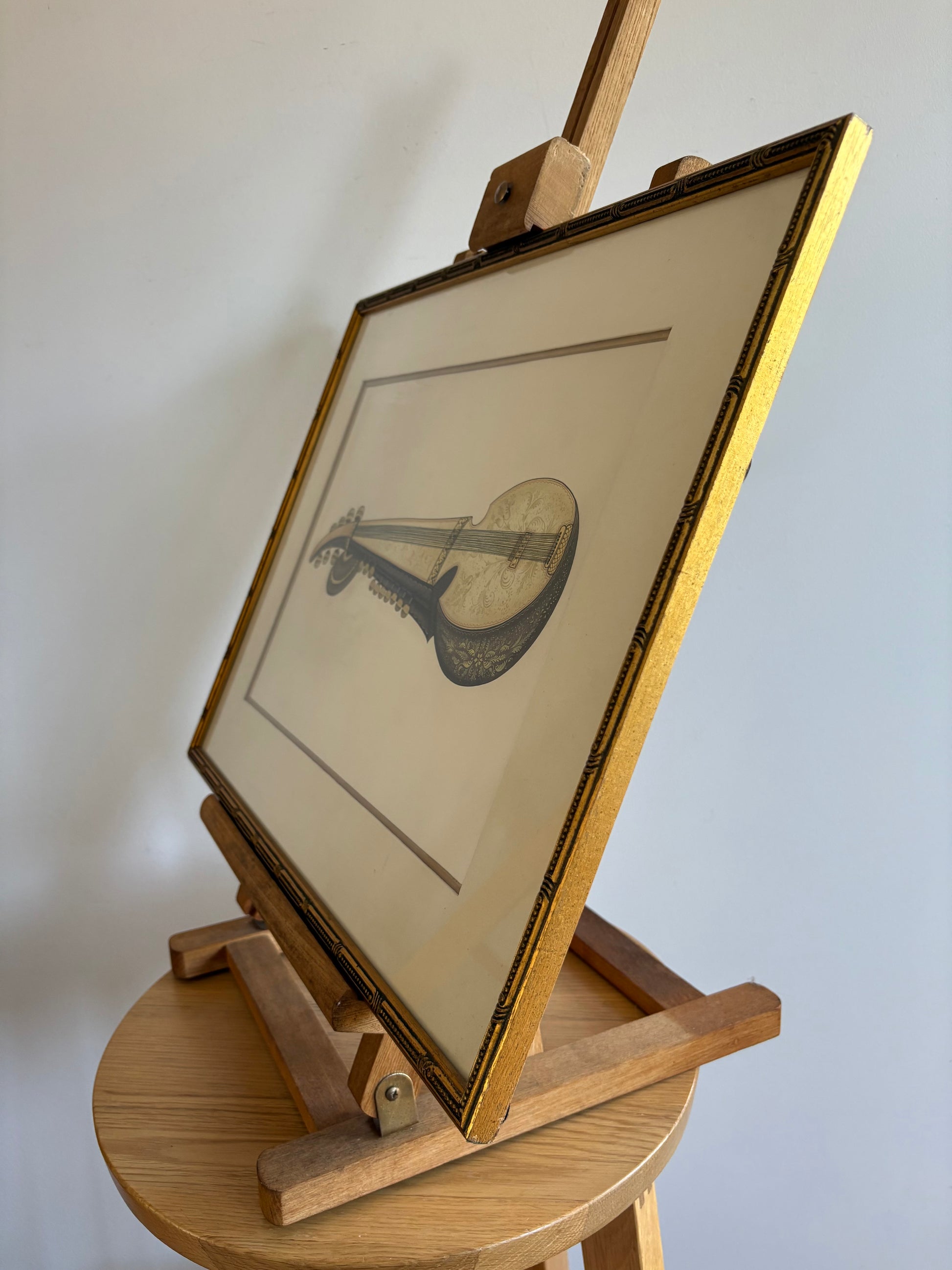 Original Indian folk art painting, Sarod musical instrument, framed art