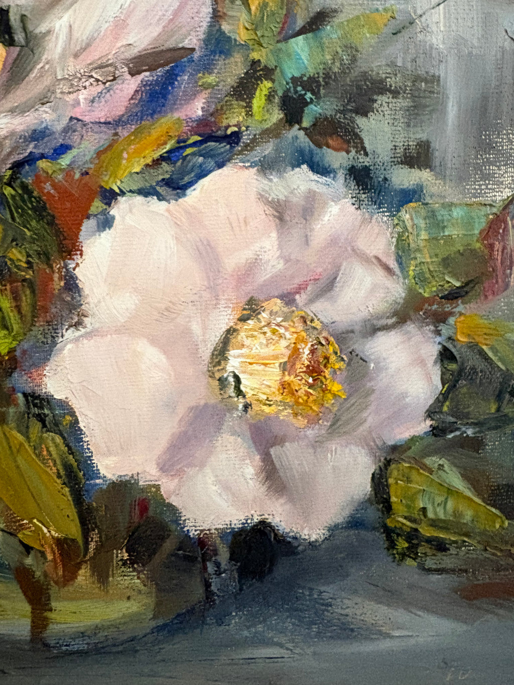 Vintage original painting, camelia flowers, signed framed artwork