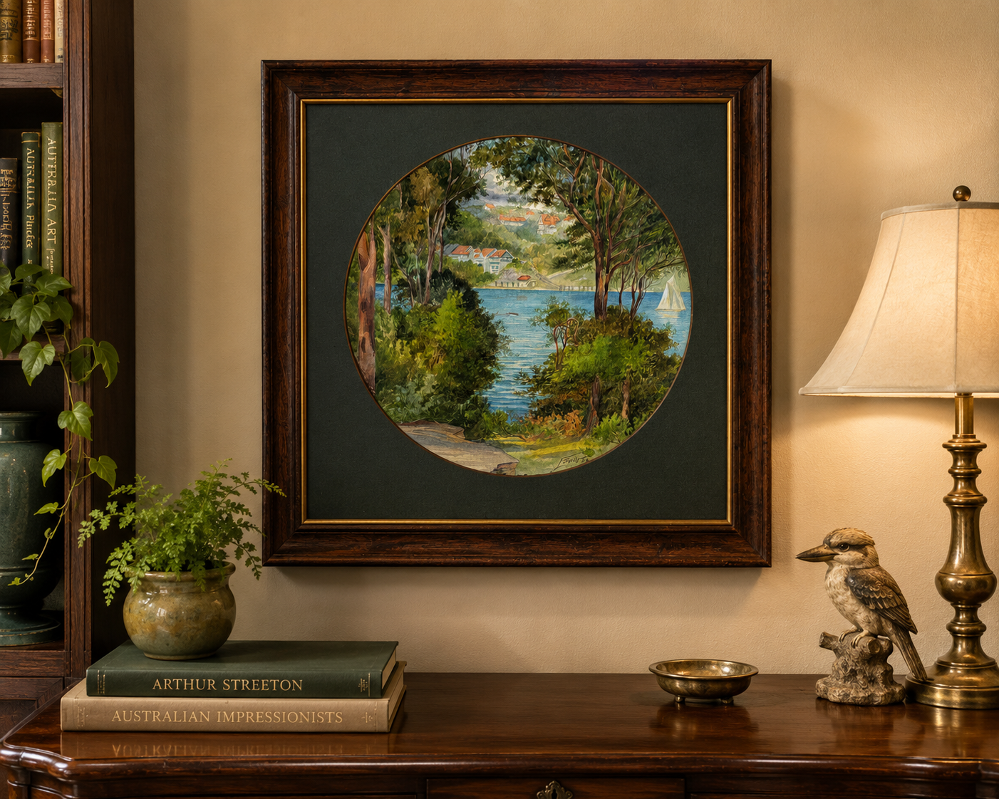 1908 original antique painting, Frederick Briar, Mosman NSW, yacht, framed art