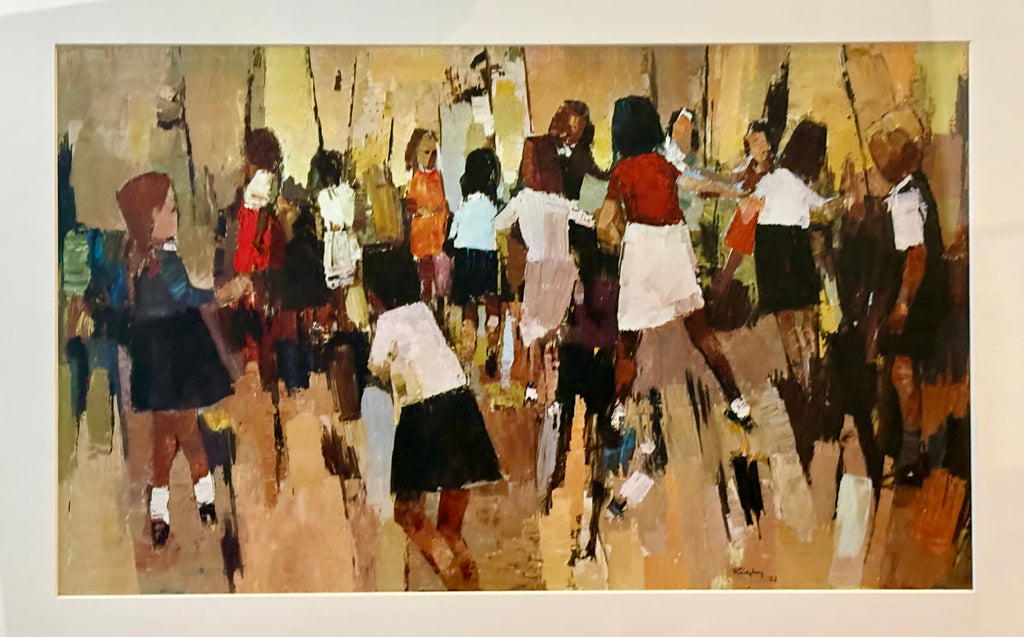 Large 1970s gallery print, John Rigby “Children Dancing, vintage framed art