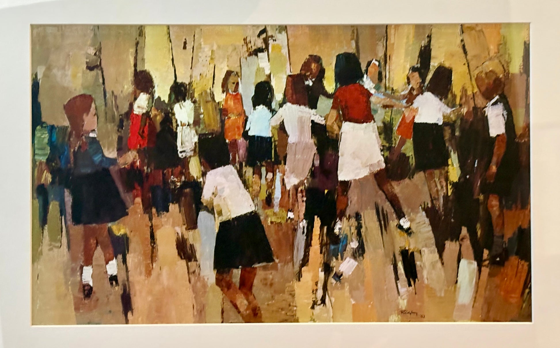 Large 1970s gallery print, John Rigby “Children Dancing, vintage framed art