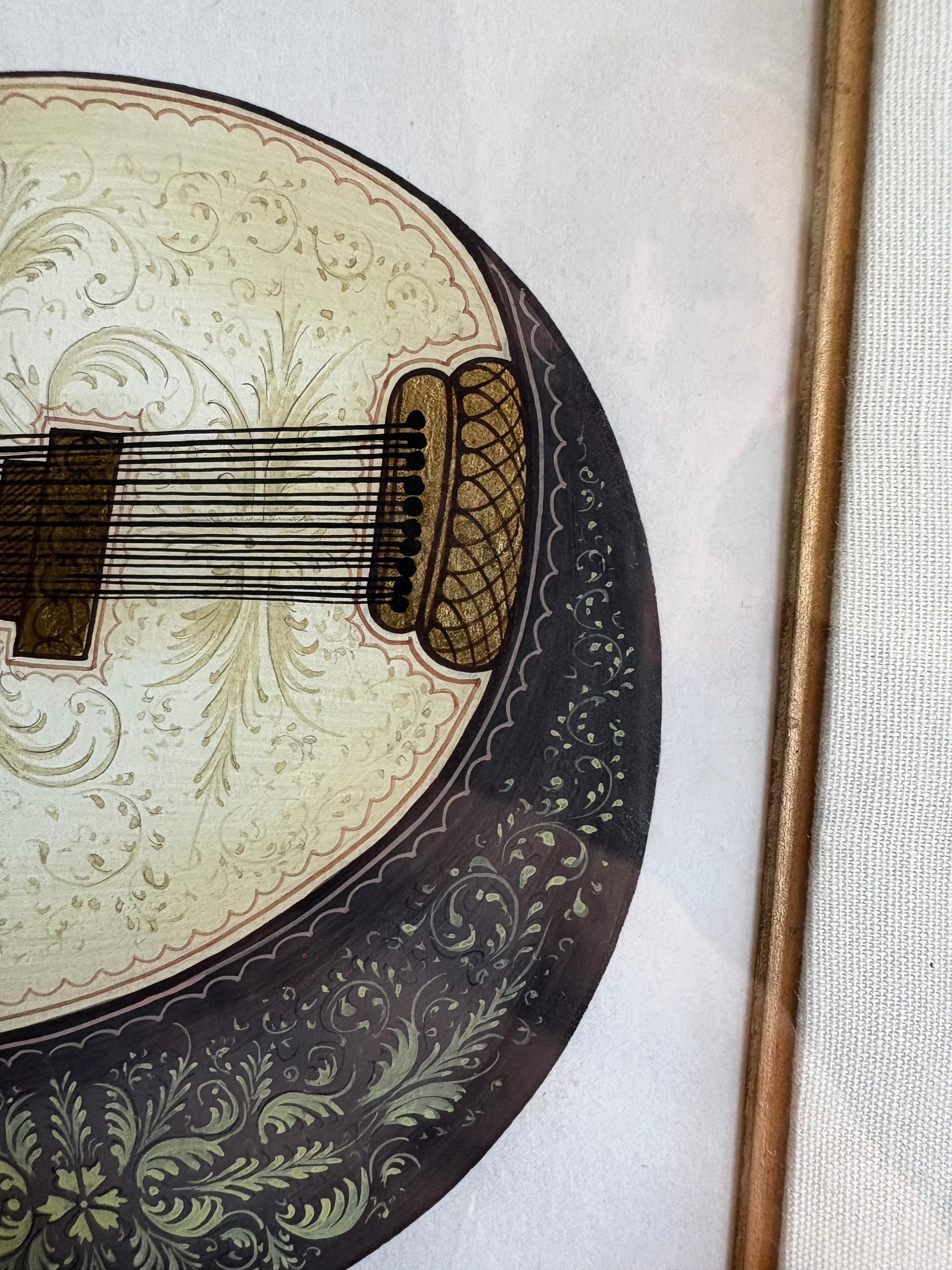 Original Indian folk art painting, Sarod musical instrument, framed art