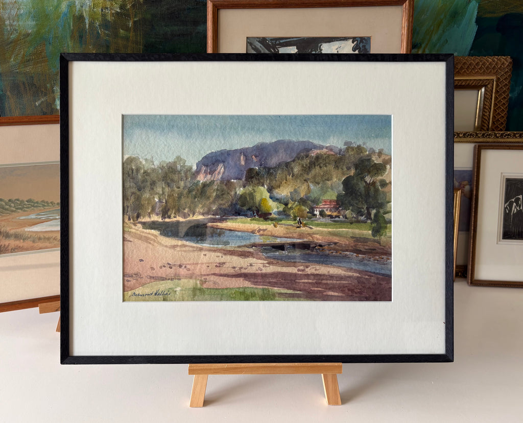 Mid Century original watercolour painting, Dermont Hellier, Australian landscape, framed art