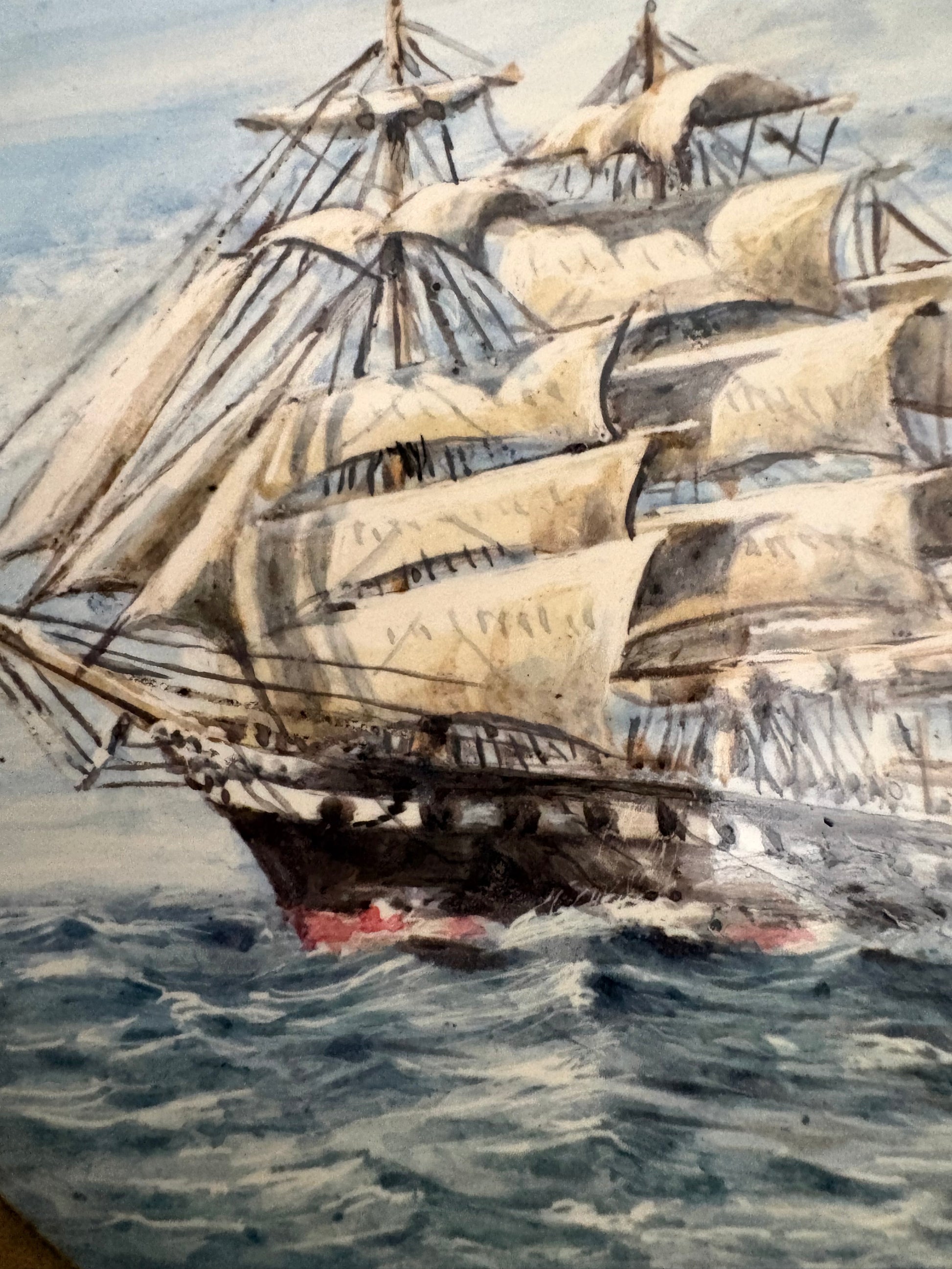 Pair of original hand painted ceramic ship artworks, signed, framed, vintage