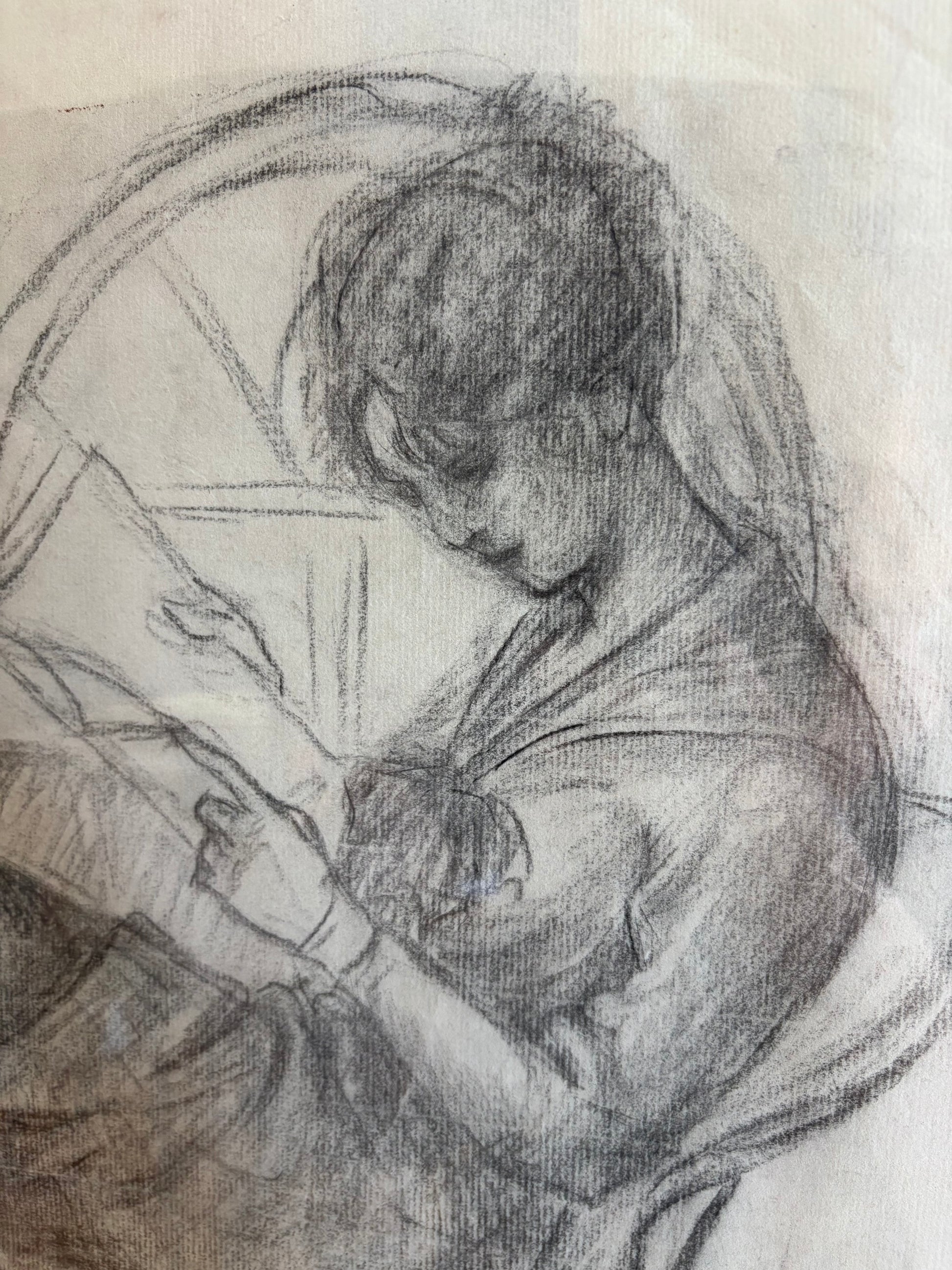 Original antique drawing, sketch, portrait, framed vintage art