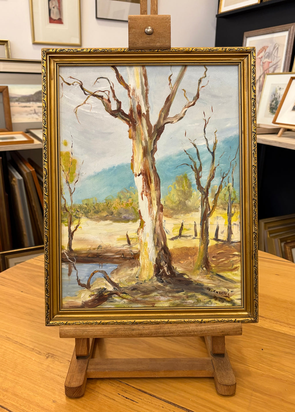 Mid Century original oil painting, River Gums, Australian landscape artwork