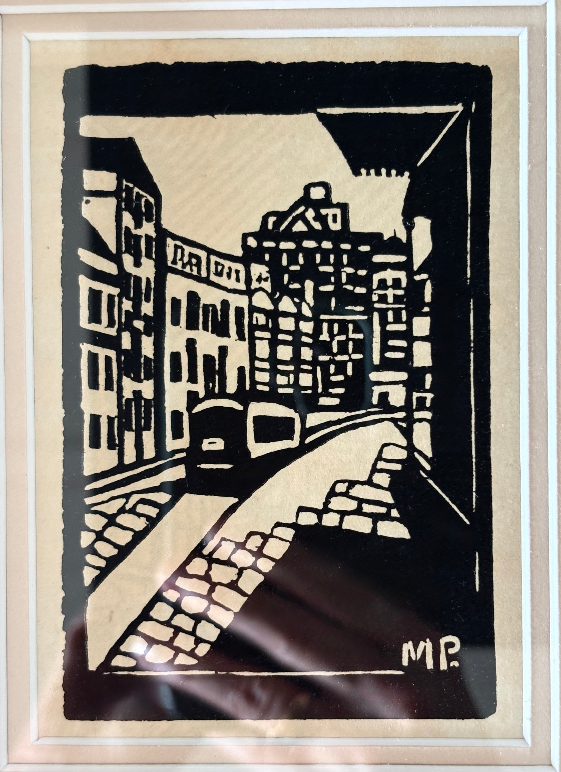 1920s Antique Margaret Preston print, "Quay Side Sydney," tram, framed vintage art