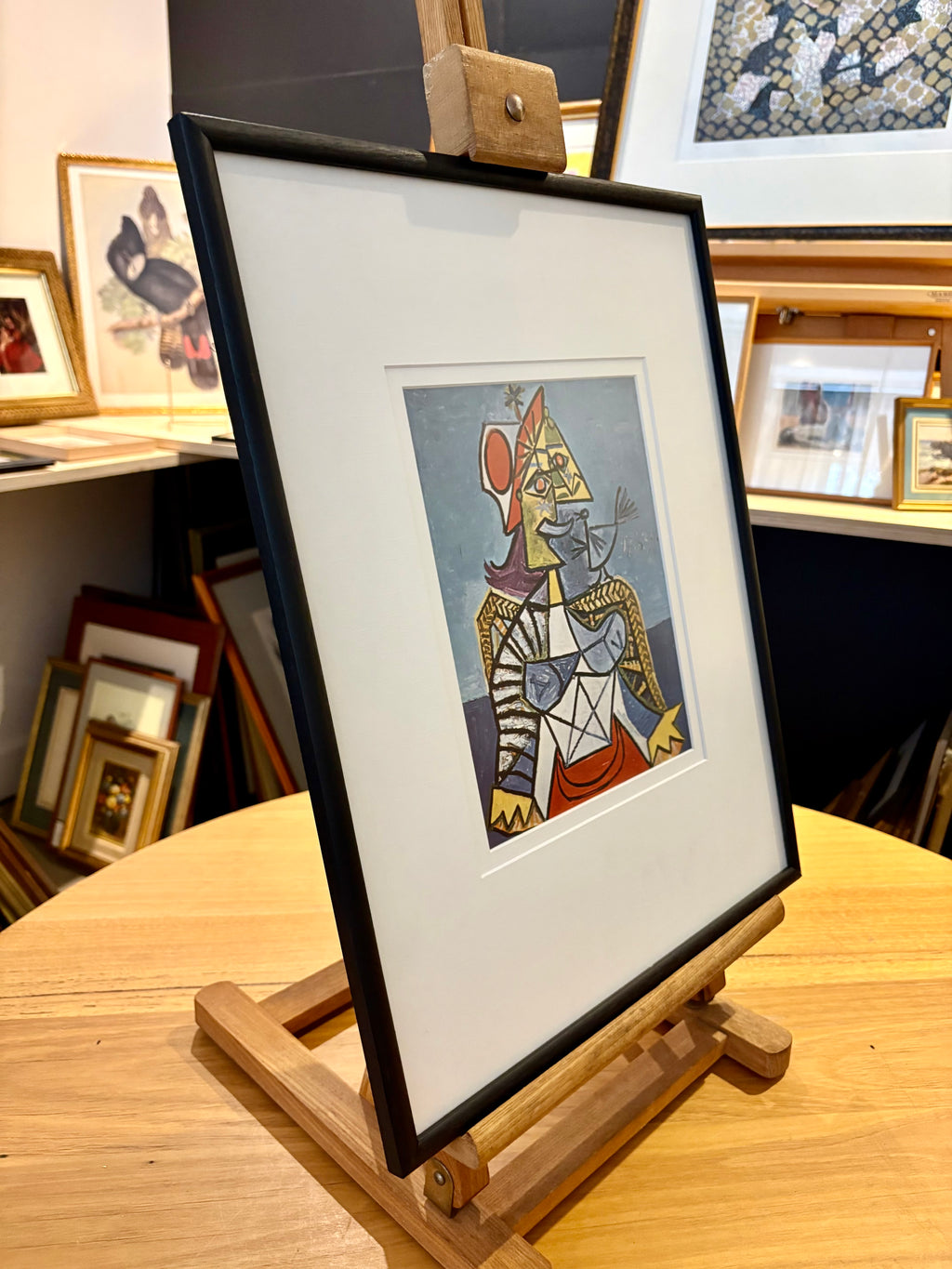 1960s Picasso print, portrait, vintage framed art, “Woman with Bird”, Mid Century