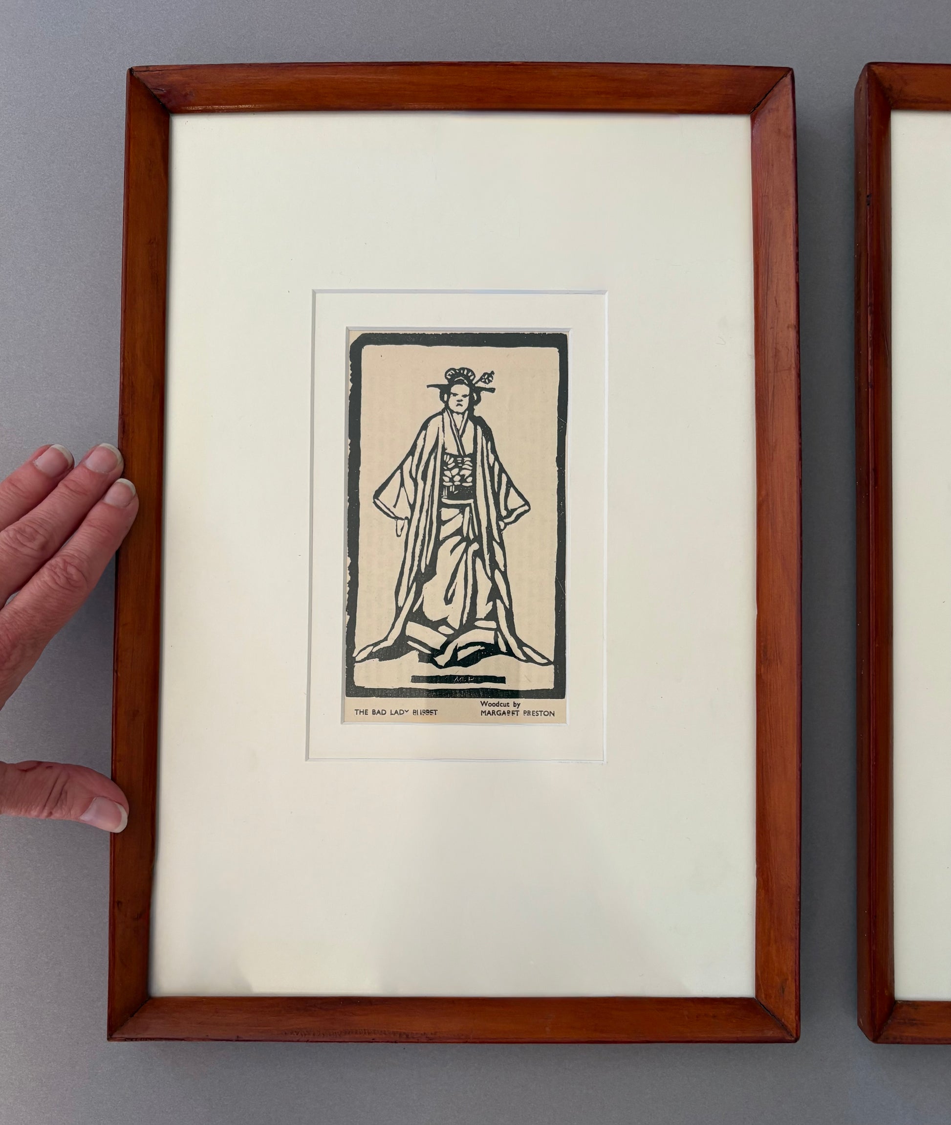 Original pair 1930s Margaret Preston woodblock prints, Japanese Puppets, rare antique framed art