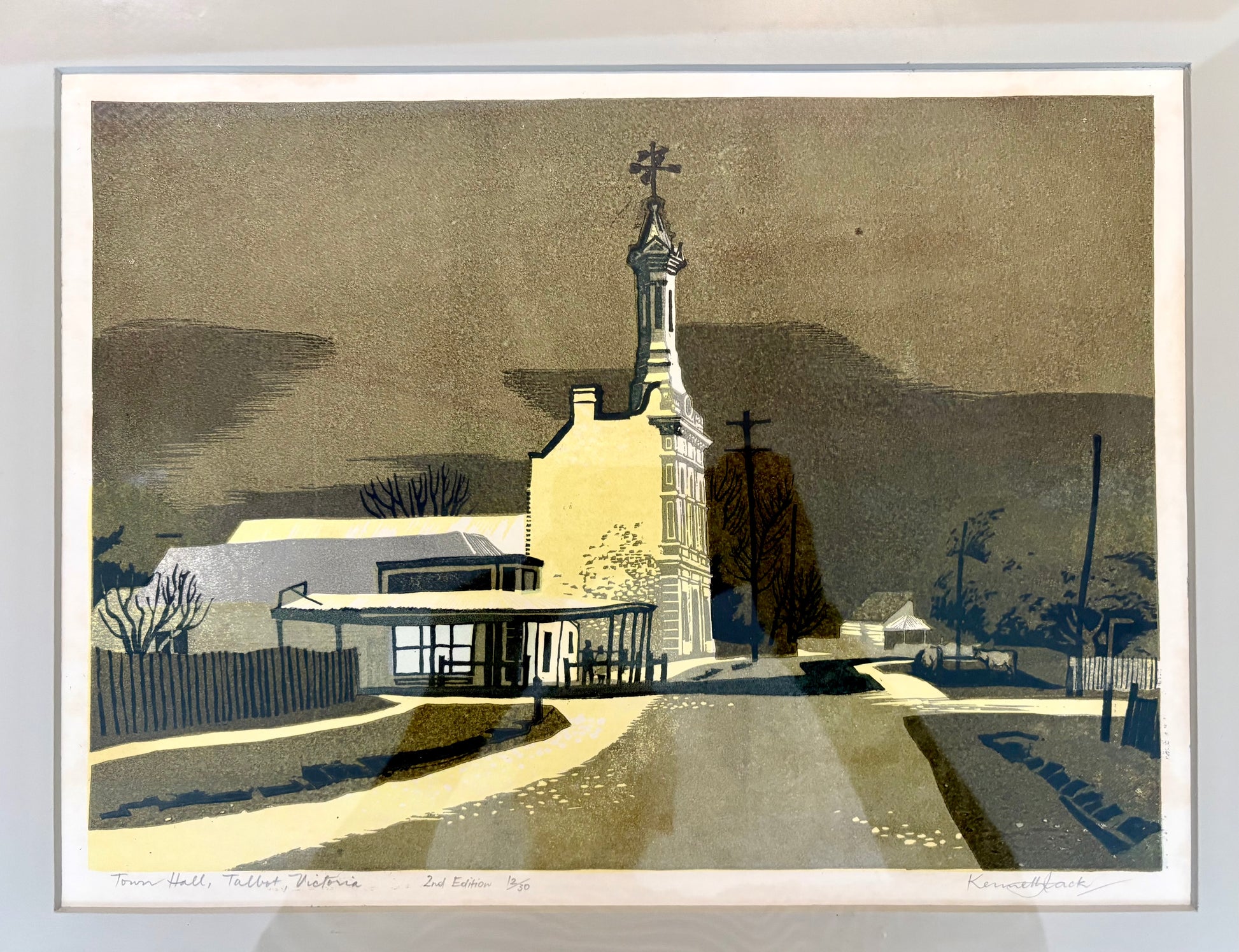 Mid Century original colour lino print, limited edition, Talbot Vic, Kenneth Jack, framed art