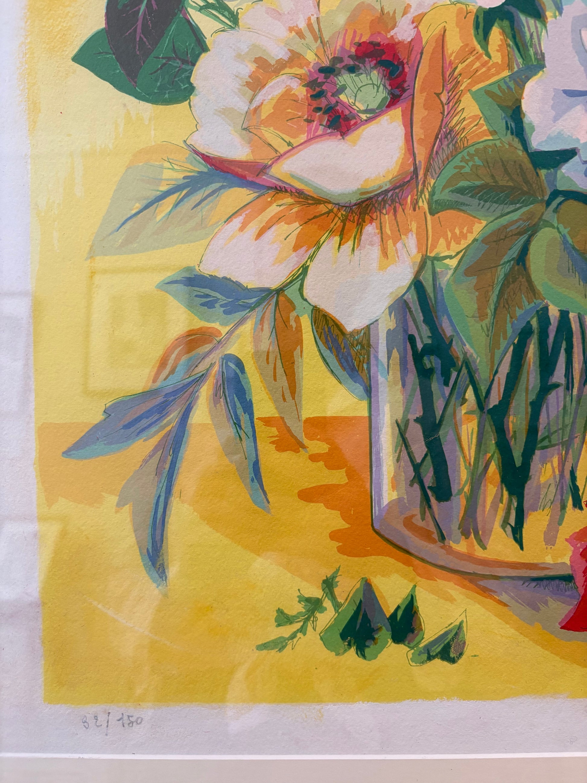 Large limited edition lithographic print, signed, floral bouquet, vintage