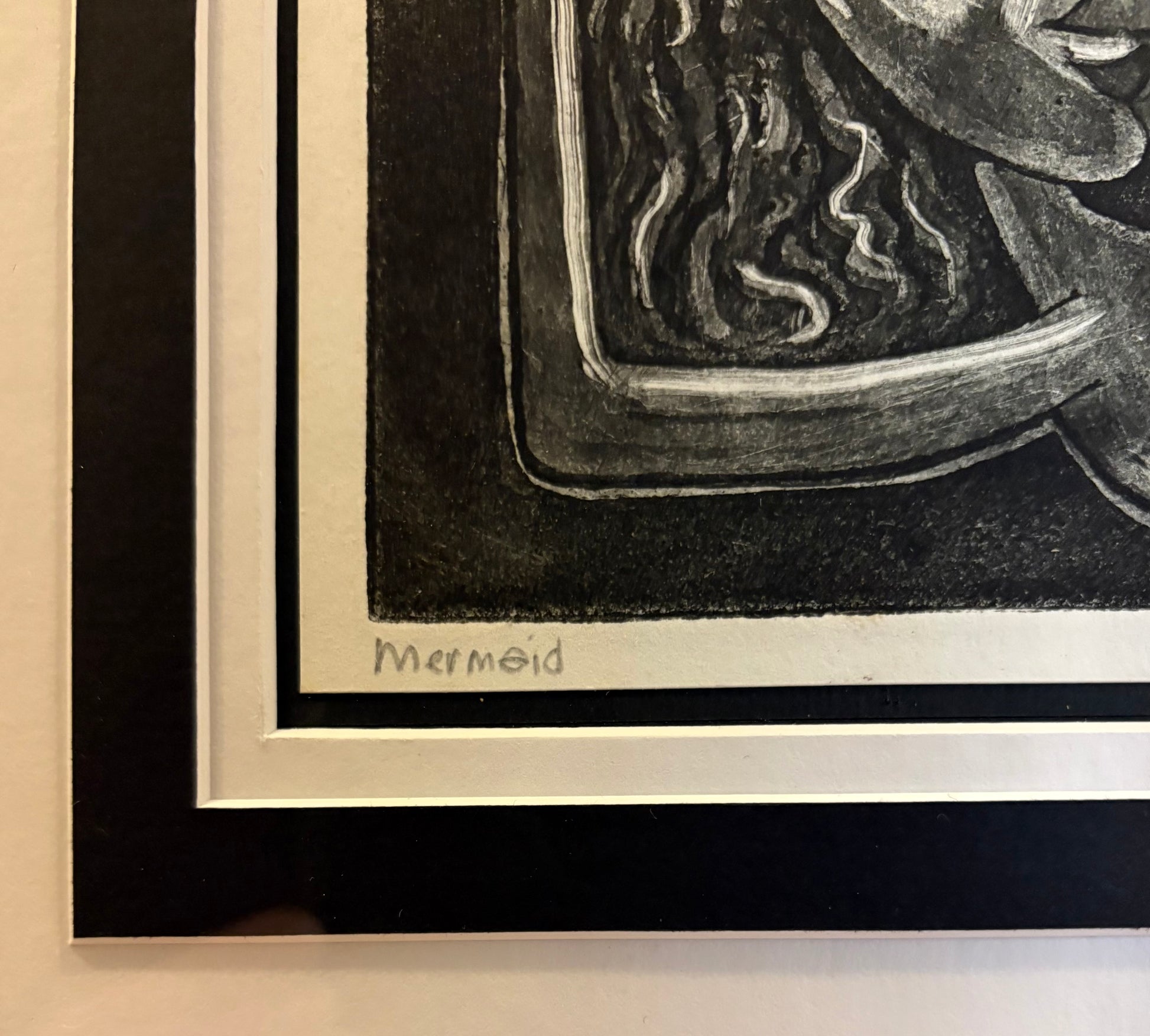 Original Nigel Gillings etching, Mermaid, signed, framed vintage art