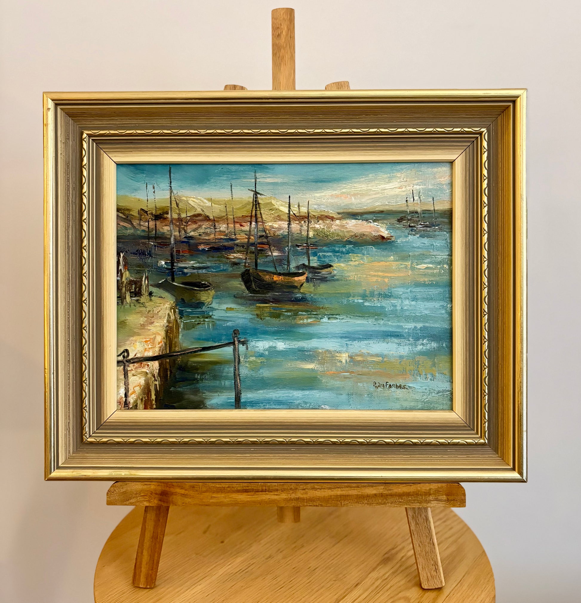 Vintage original painting, sailboats, signed framed artwork