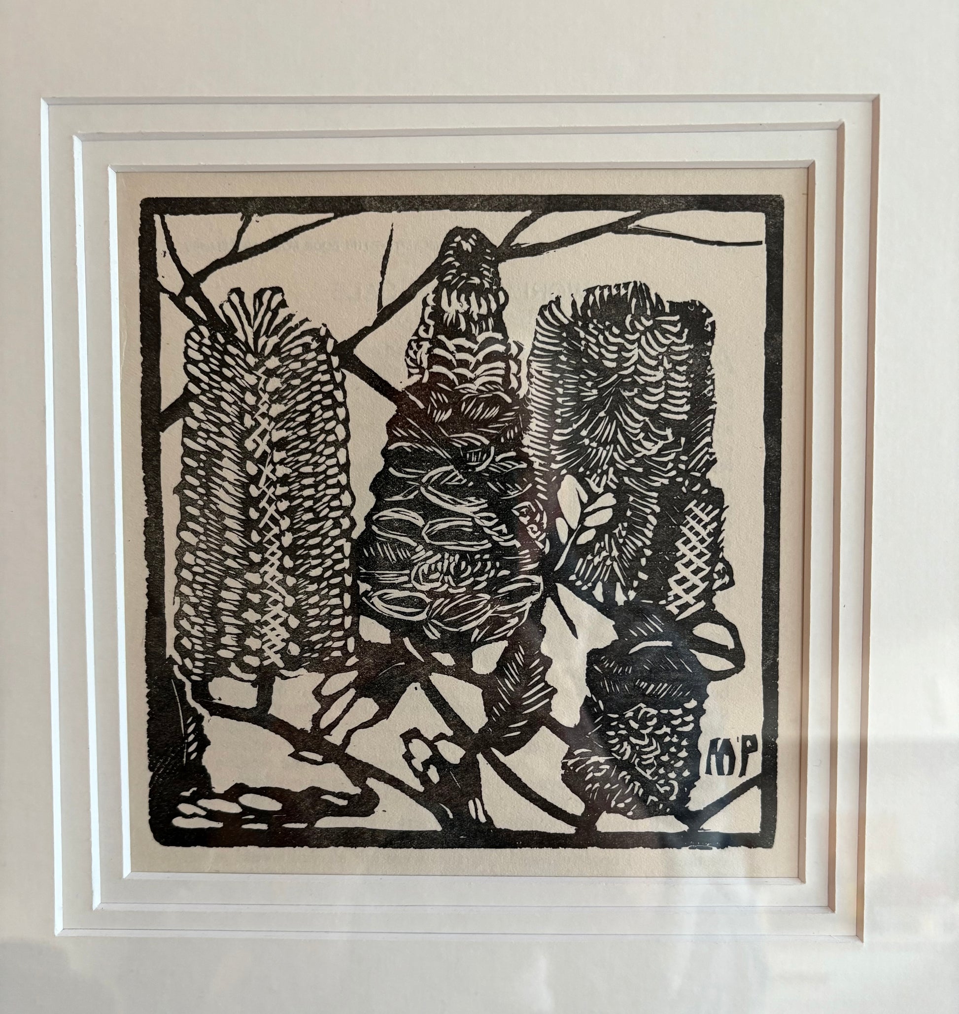 1932 Original Margaret Preston woodblock print, “Banksia”, framed antique vintage art