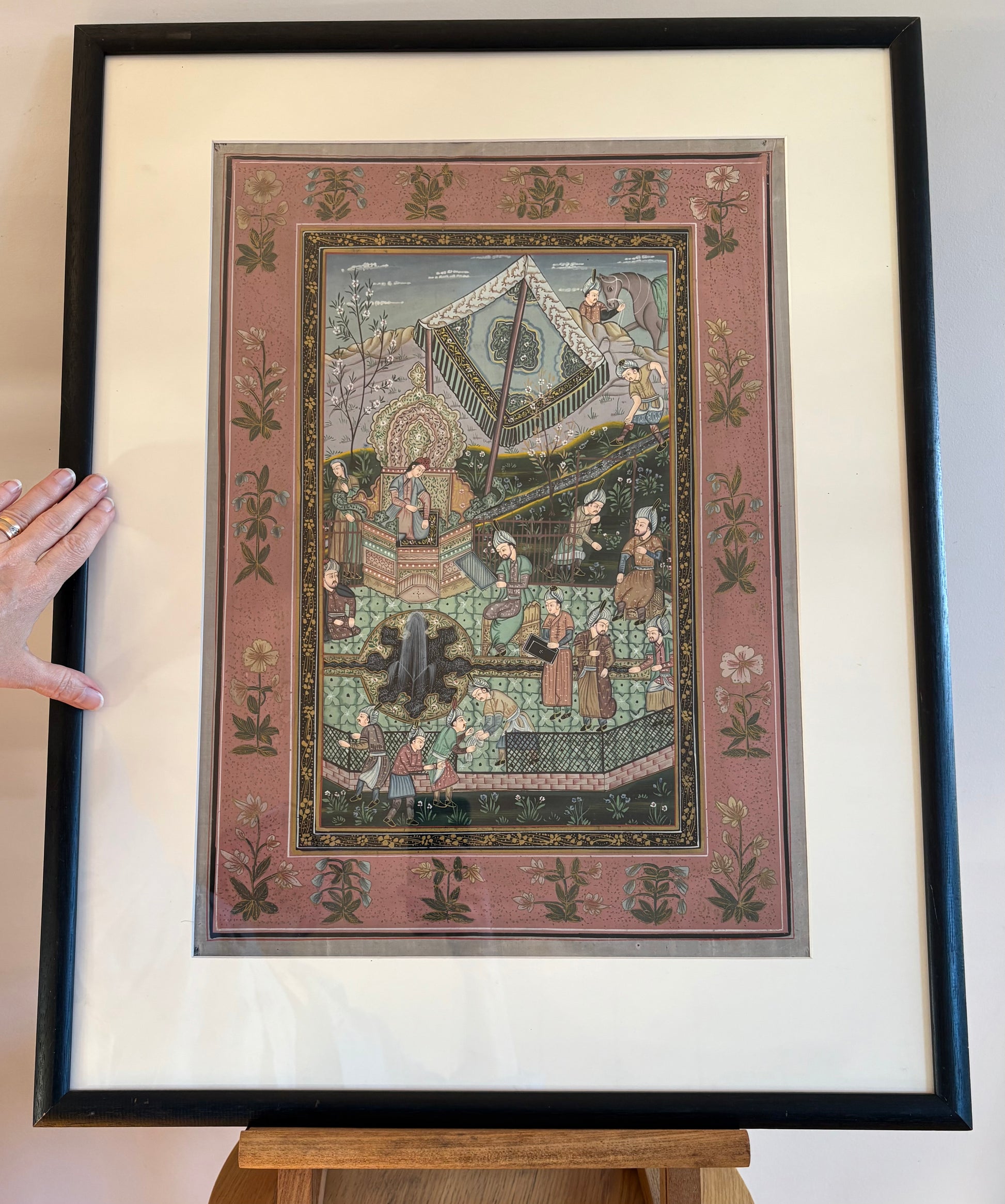 Antique Persian original painting on silk, circa 1900s, Mughal, framed art
