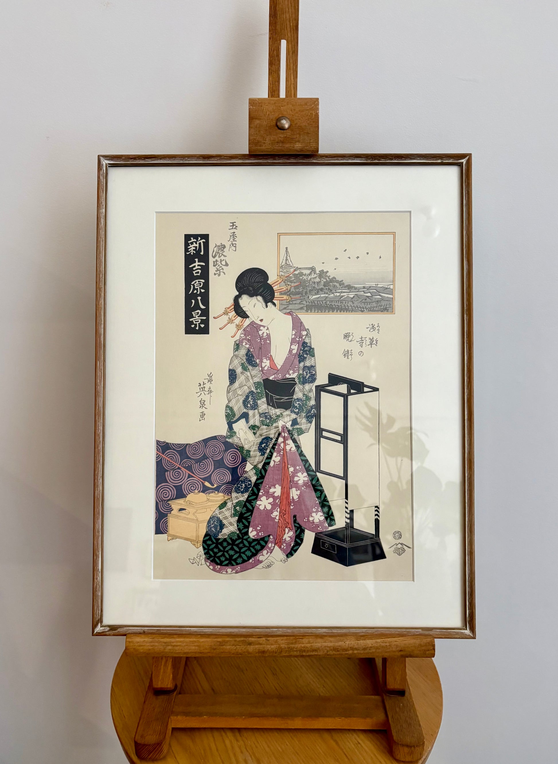 Original woodblock print, reproduction after Kitagawa Eizan, framed Japanese vintage art