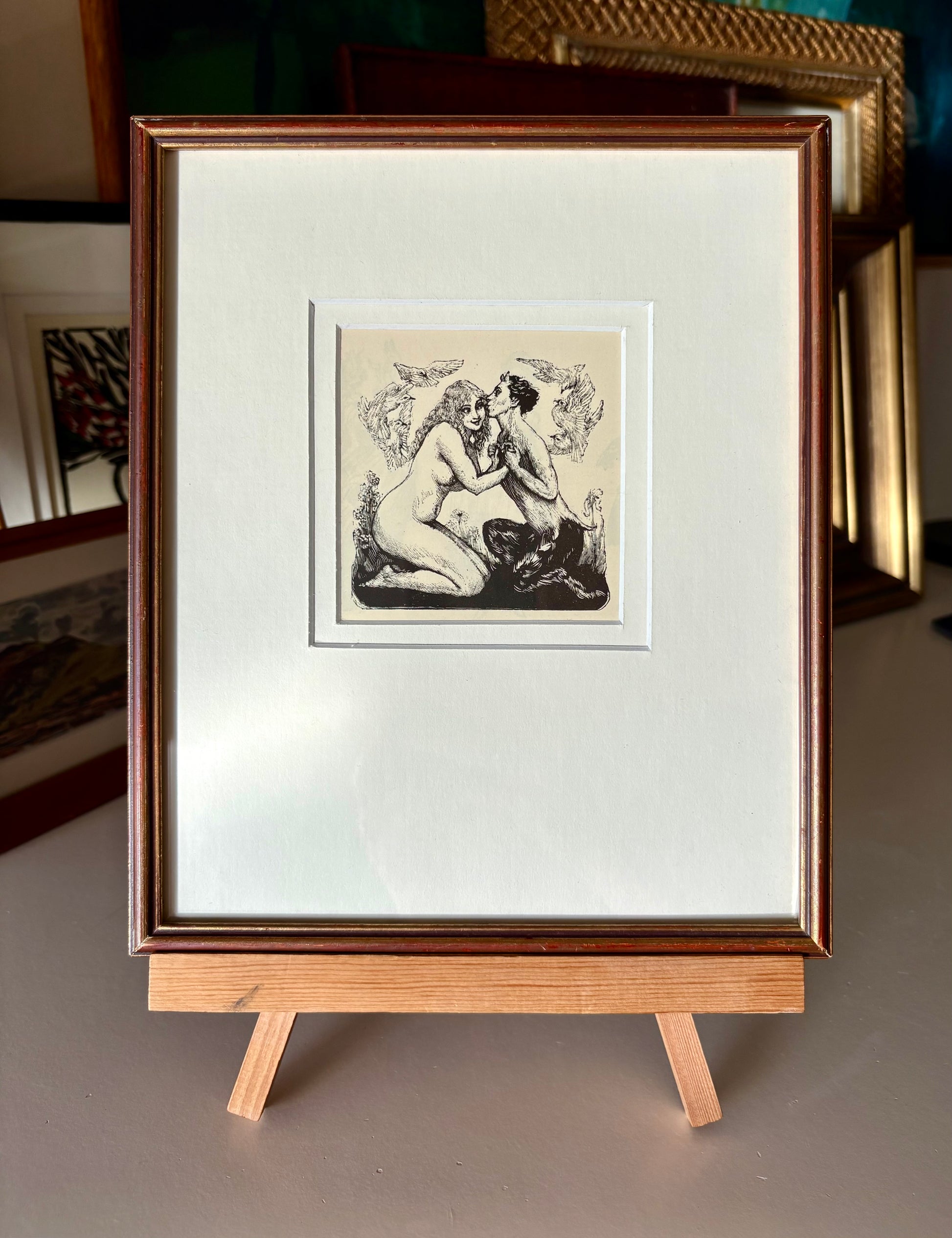 Original 1920’s Norman Lindsay wood engraving, Faun, framed antique art