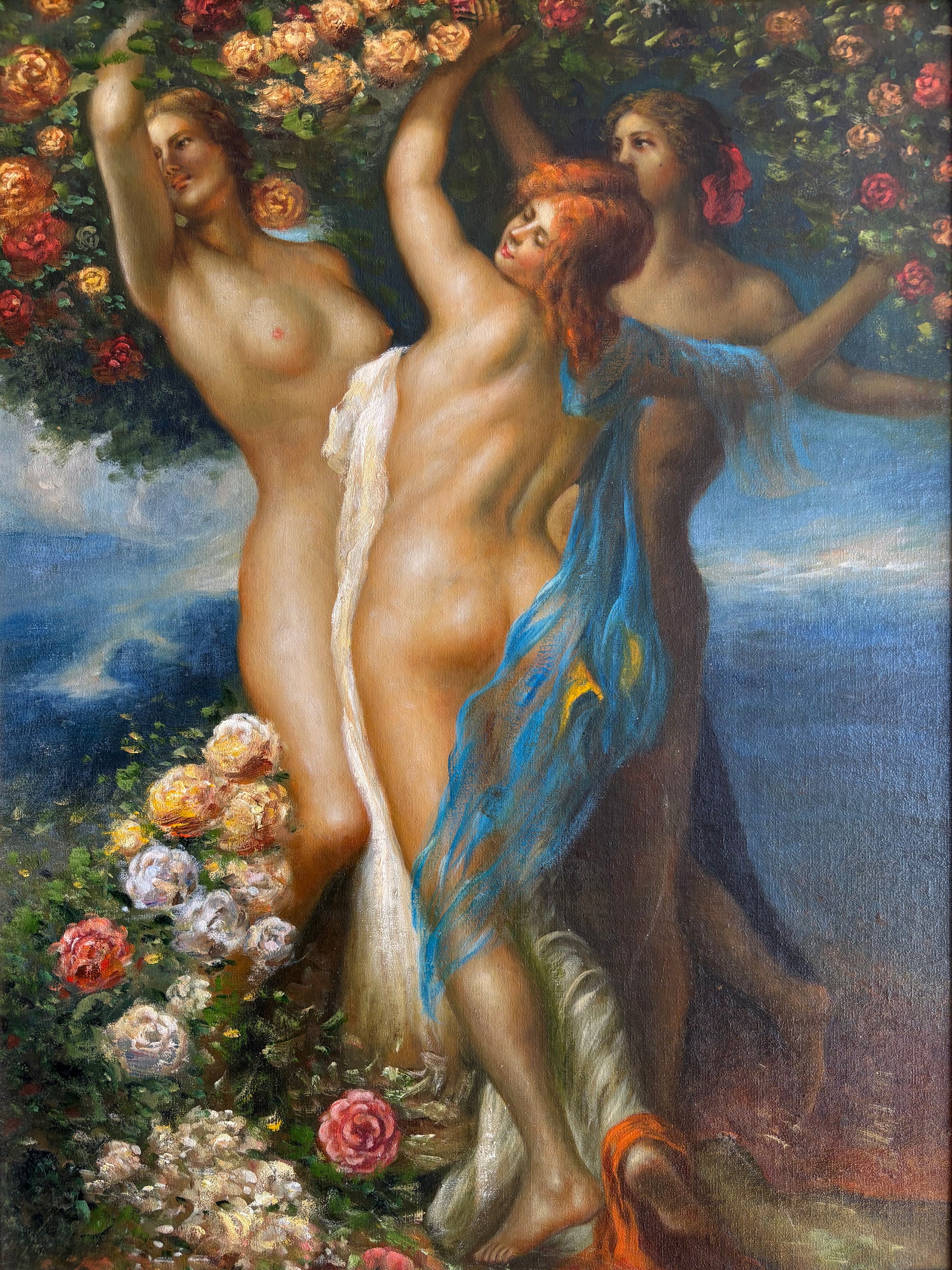 Large sized original painting, “Three Graces”, Mythical, gilt framed art