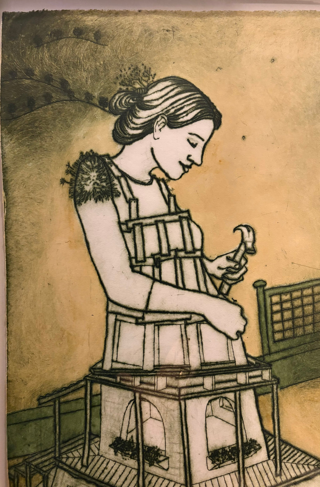 Large original hand coloured etching 3/20, Mandy Renard, “Builder”, framed art
