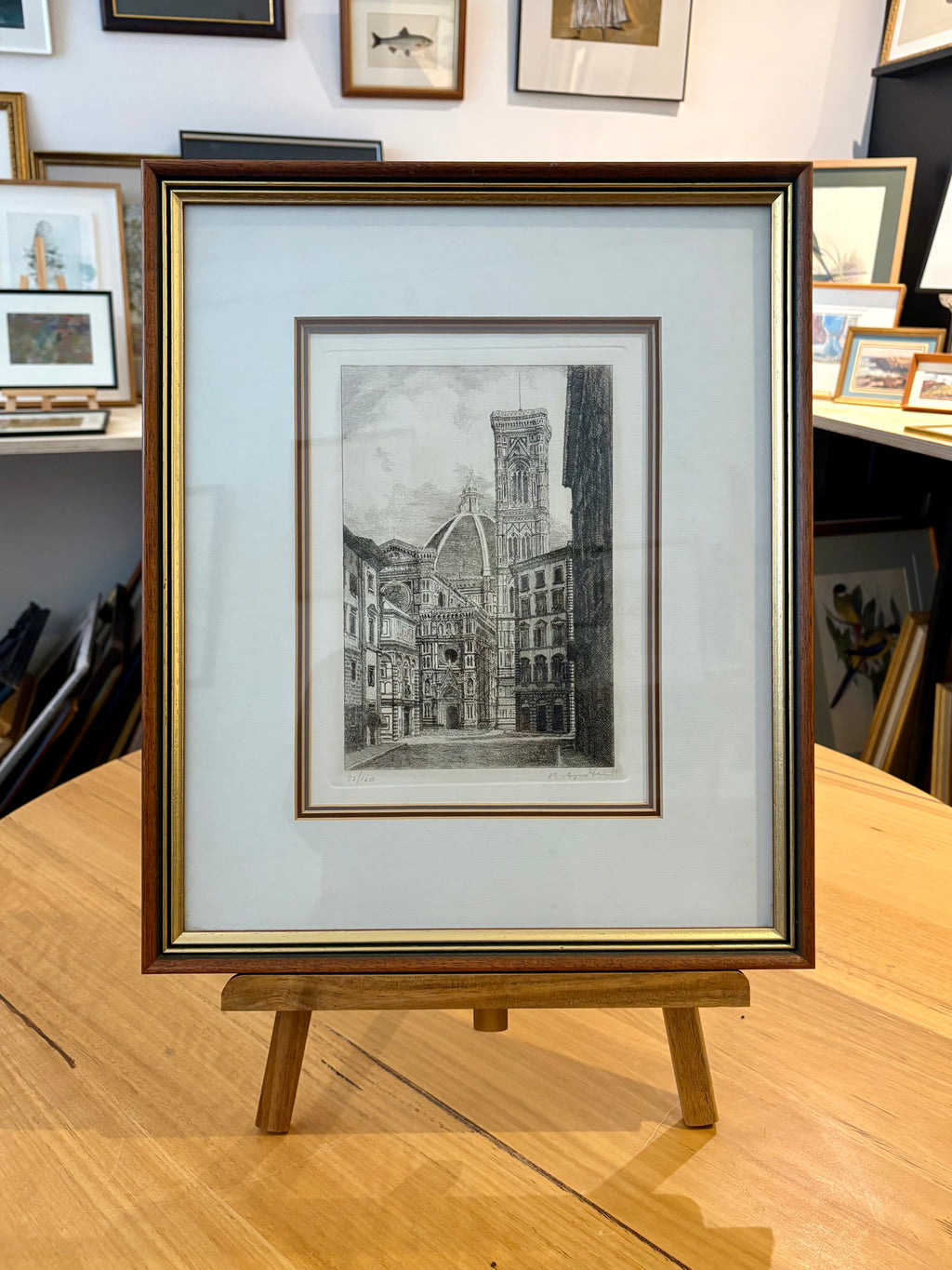 Signed original etching, Florence, framed vintage art