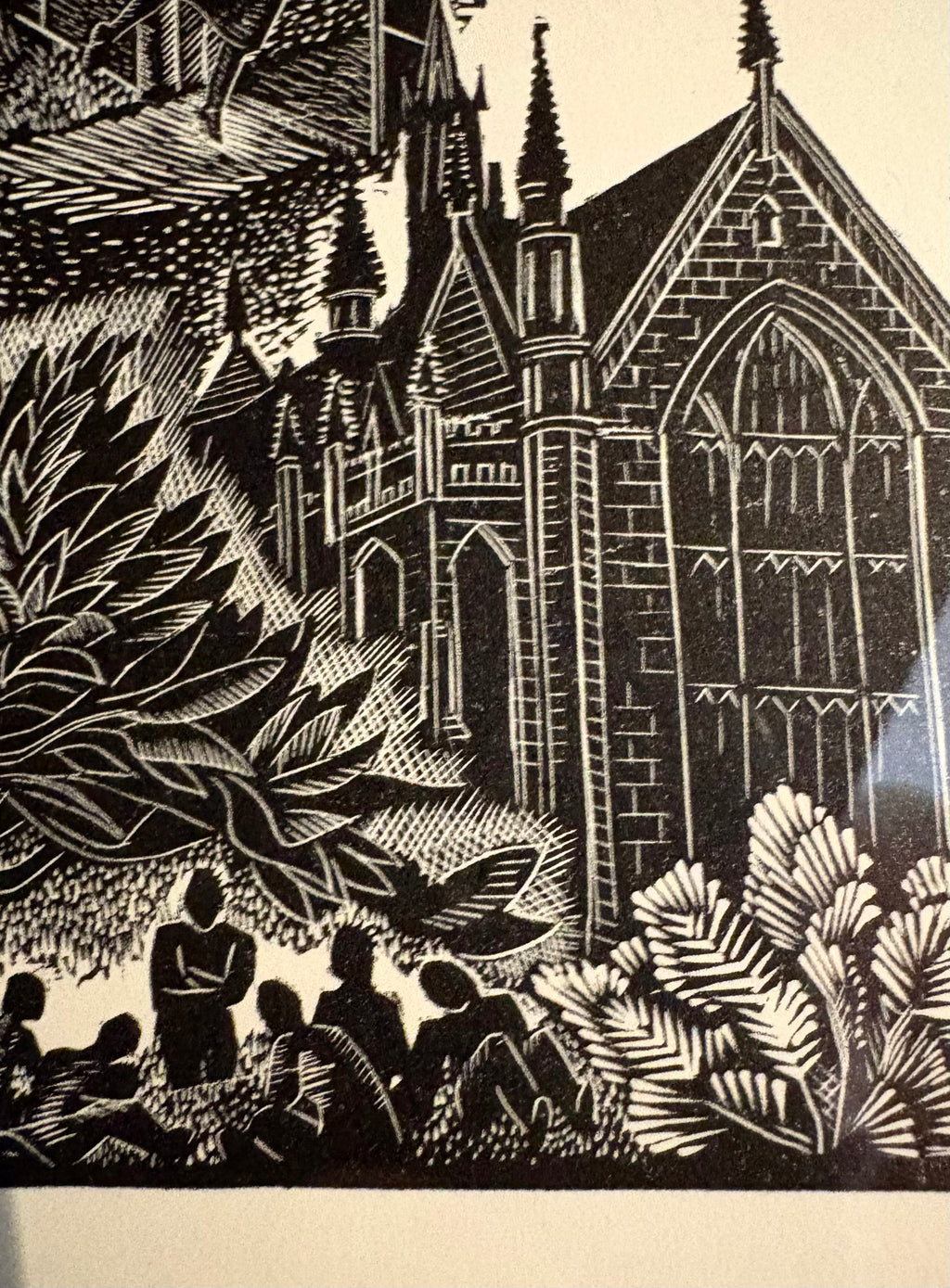 Original Helen Ogilvie woodblock print "Melbourne University", framed art, Architecture, Australian artwork