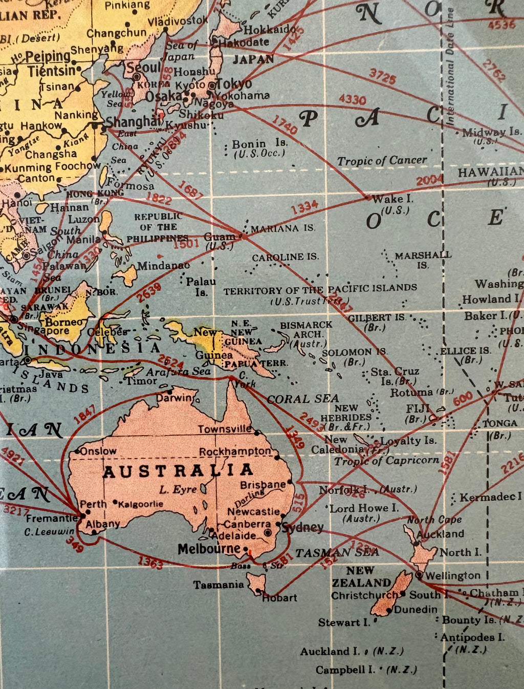 1950s vintage mid century framed map of The World