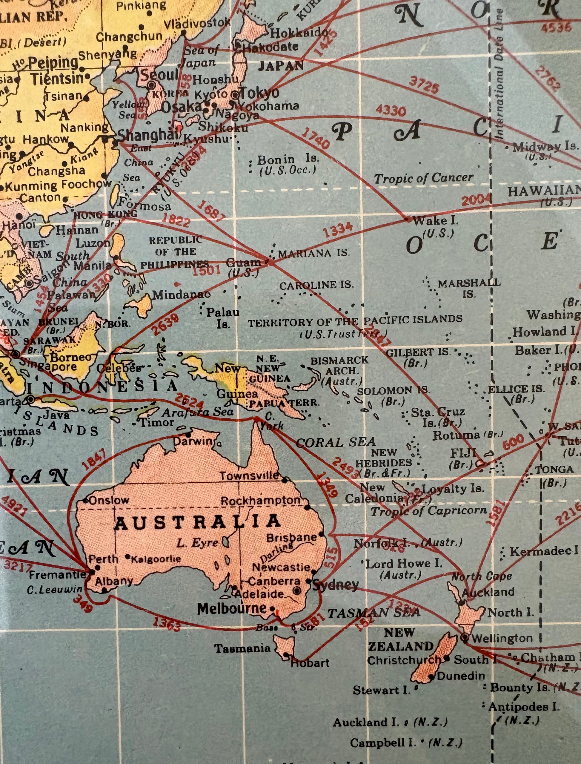 1950s vintage mid century framed map of The World
