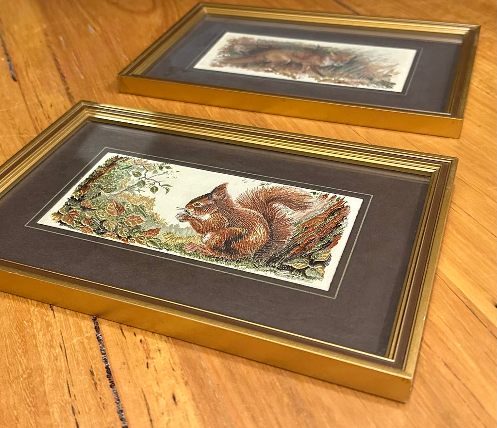 Vintage pair Cash’s of Coventry woven silk, fox, squirrel, artwork, framed