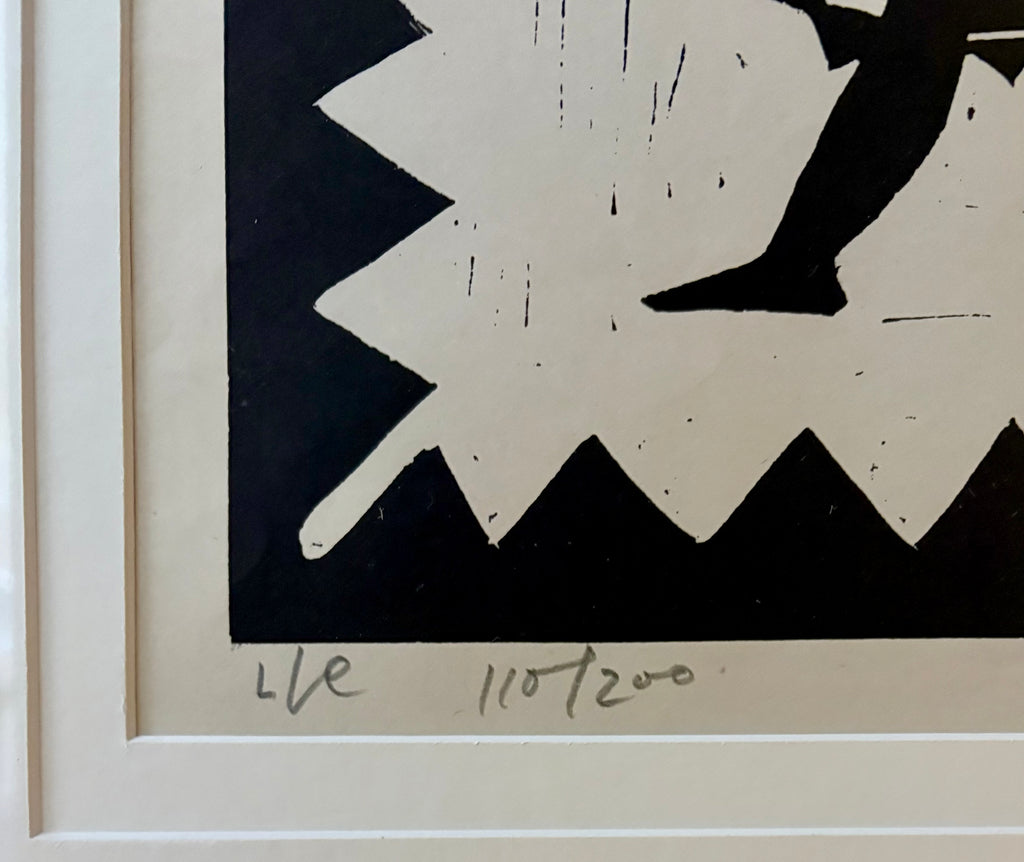 Large 1973 original linocut artwork, Ashit Paul, mythical, vintage framed art