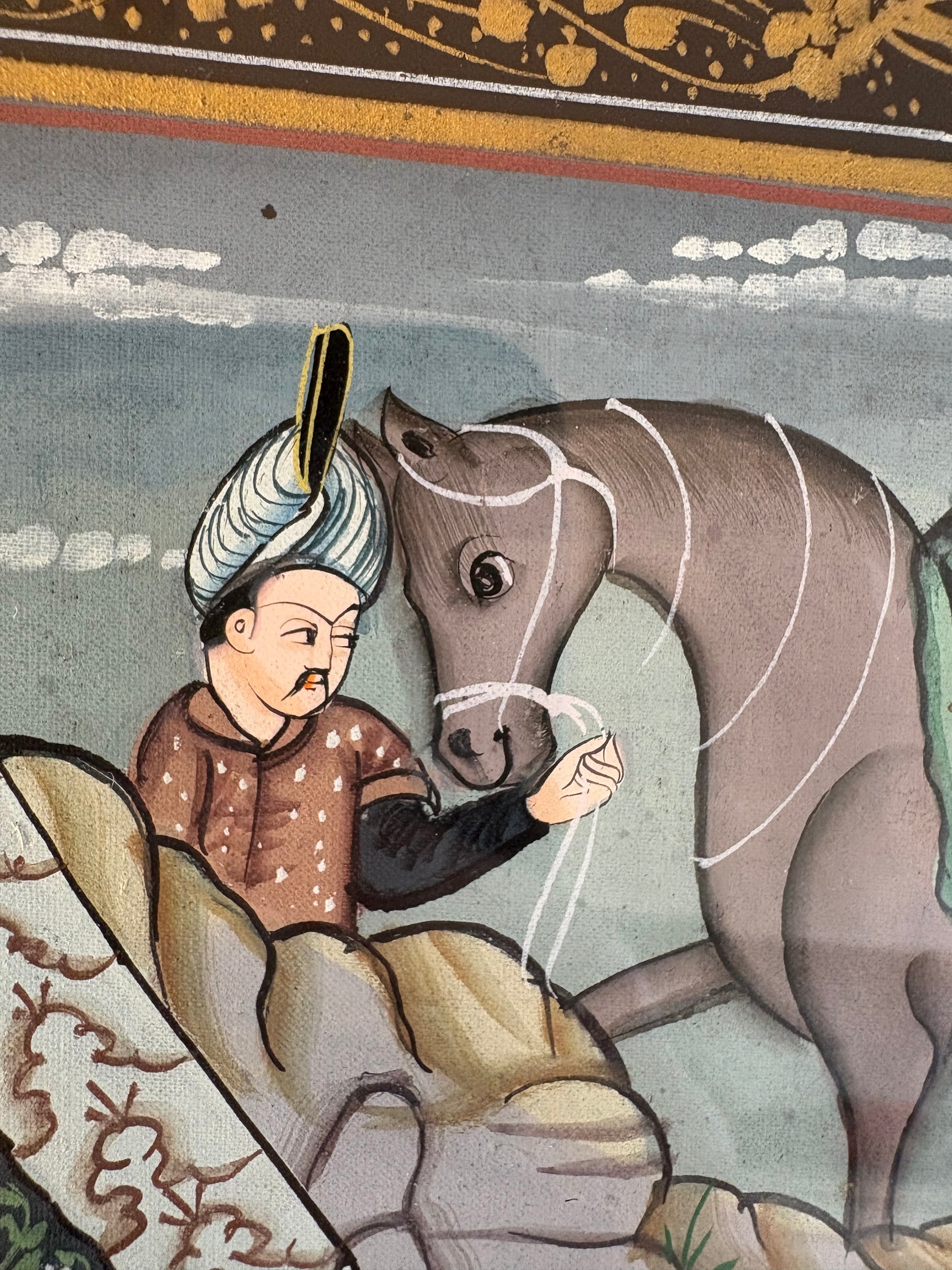 Antique Persian original painting on silk, circa 1900s, Mughal, framed art