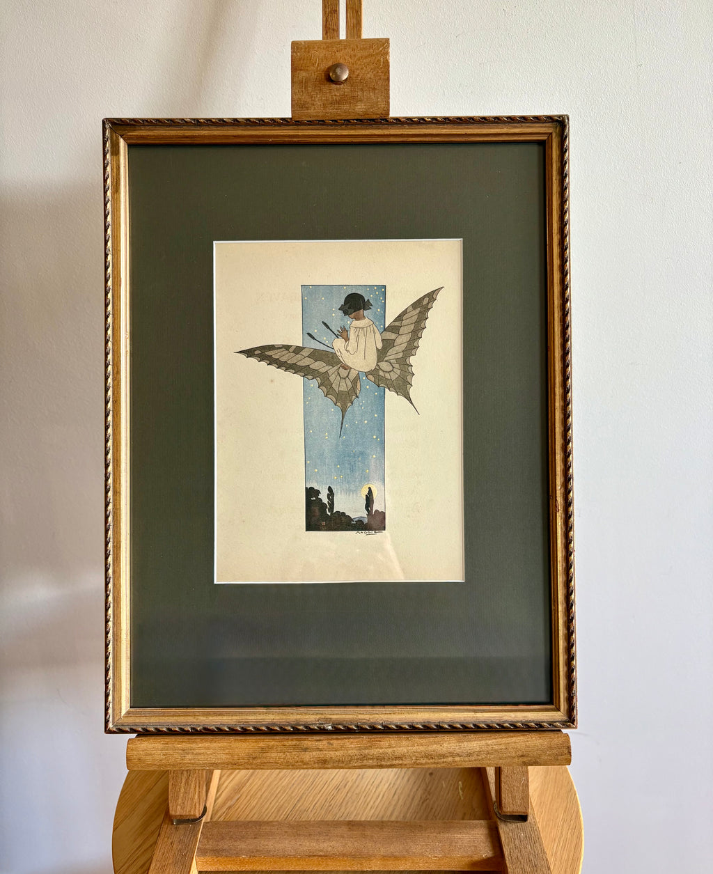 Rare original Art Deco woodblock print, 1911 antique, Maggie Salcedo, French framed art