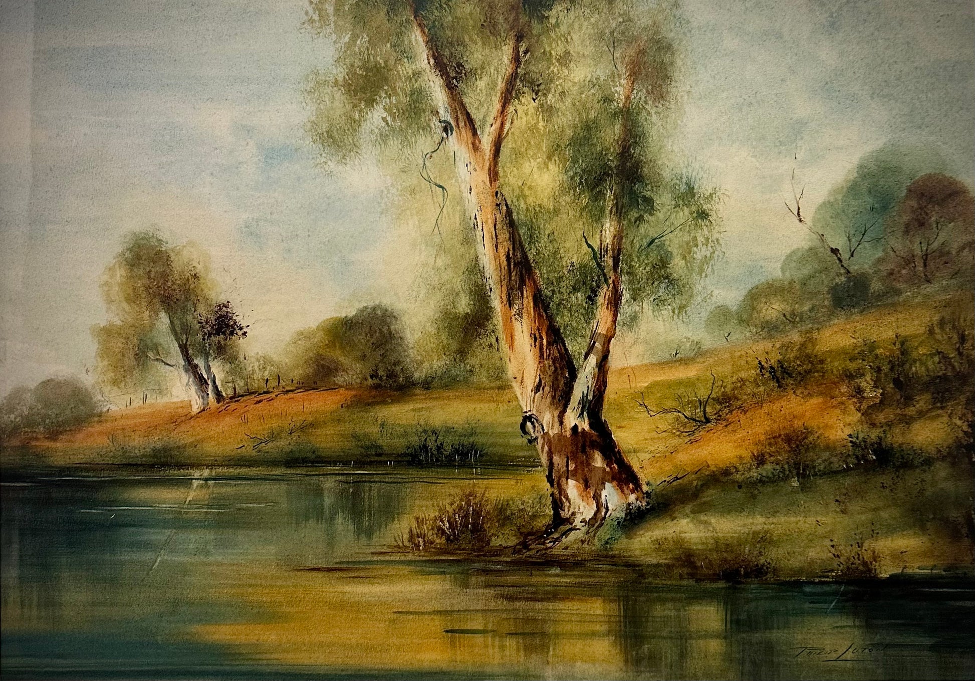 Original watercolour painting, Philip Luton, Australian landscape, framed vintage art