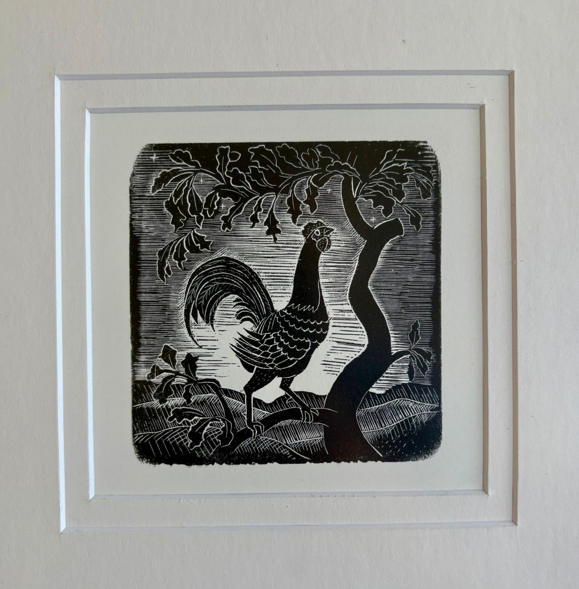 Original Helen Ogilvie woodblock print "Rooster", framed art, Australian artwork