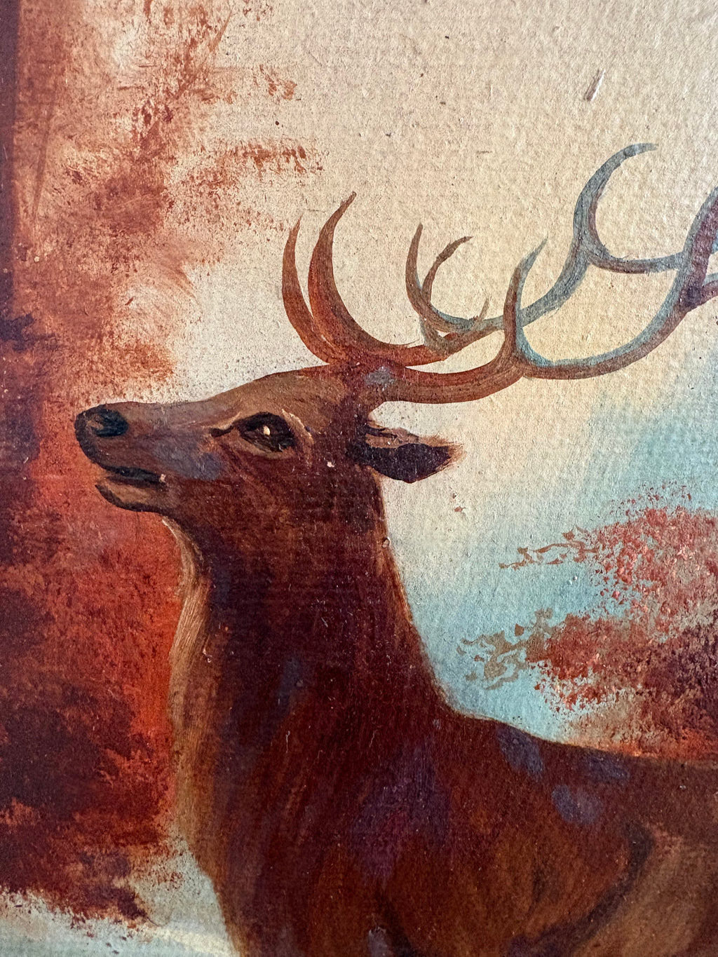 Large pair of original antique 1919 Stag oil paintings, deer, framed art