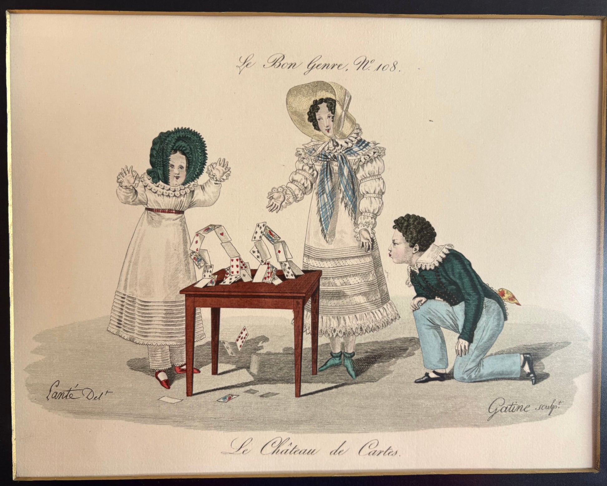 French 1931 engraving, hand coloured, “House of Cards”, antique framed art