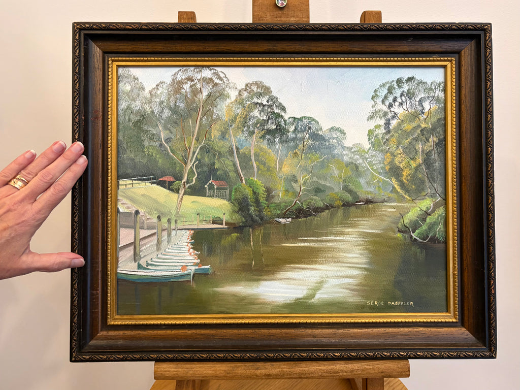 Original Serge Daeffler painting, Fairfield Boats, vintage framed artwork