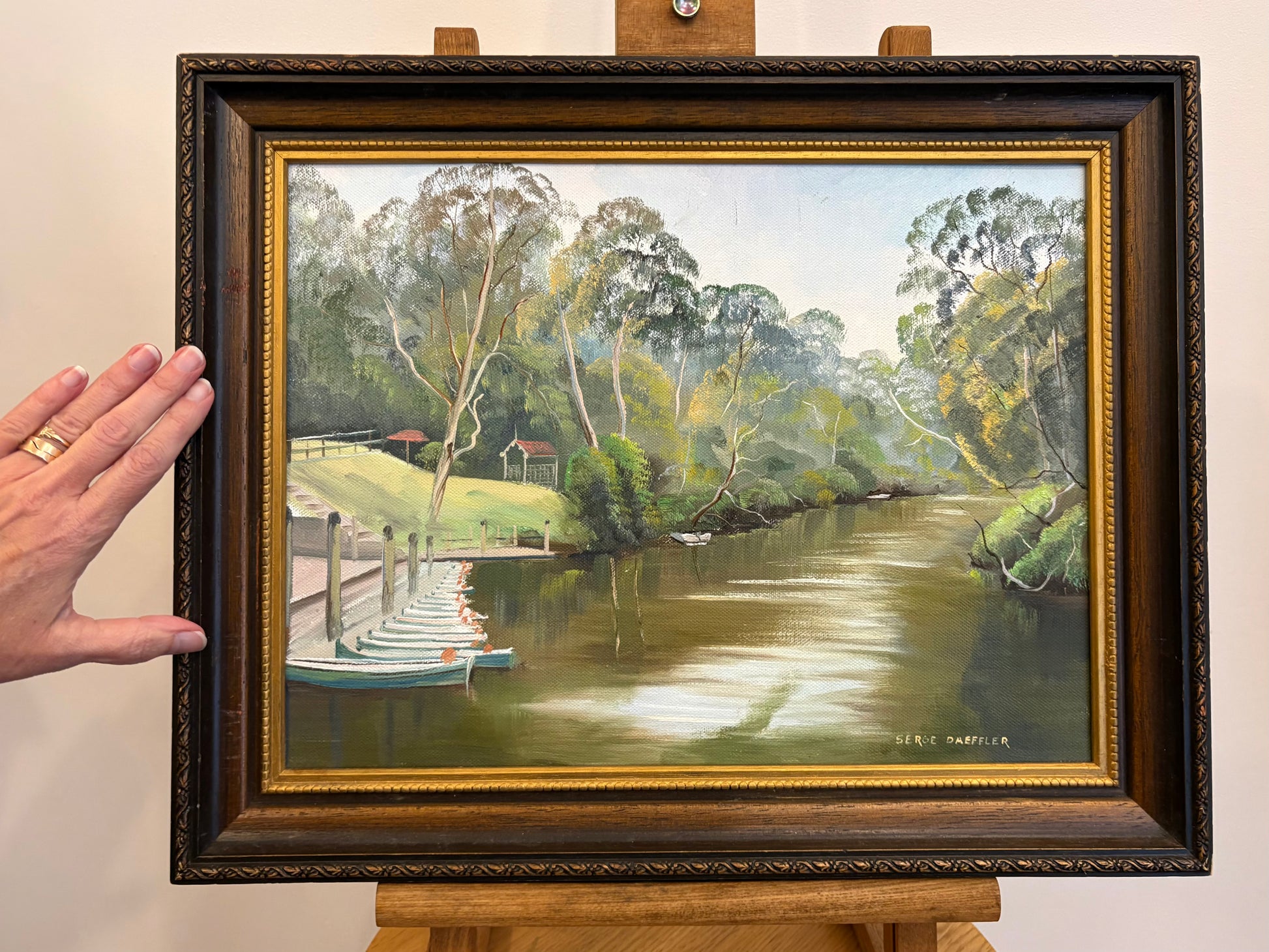 Original Serge Daeffler painting, Fairfield Boats, vintage framed artwork