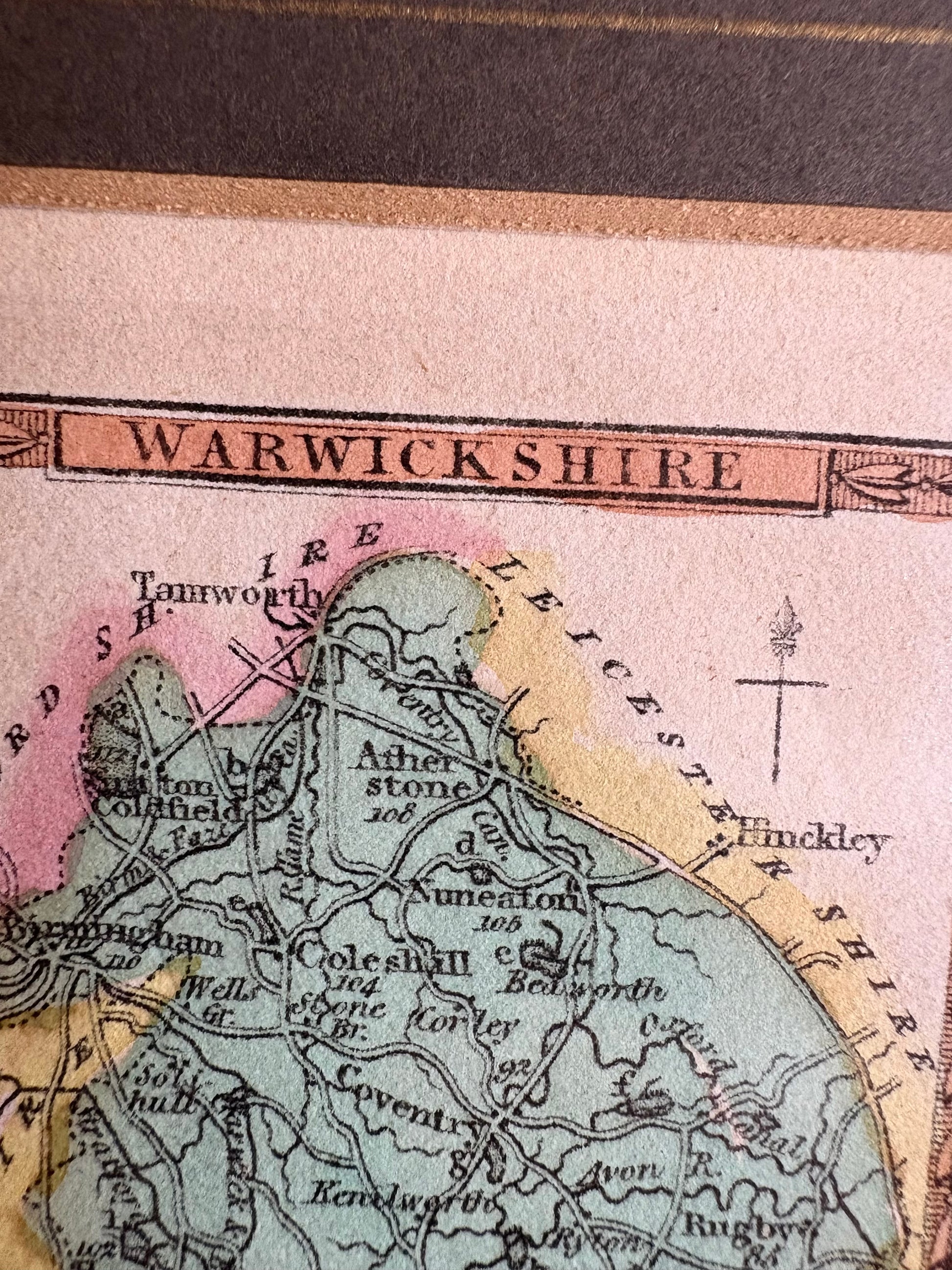 Antique miniature map, Warwickshire, hand coloured engraving, framed